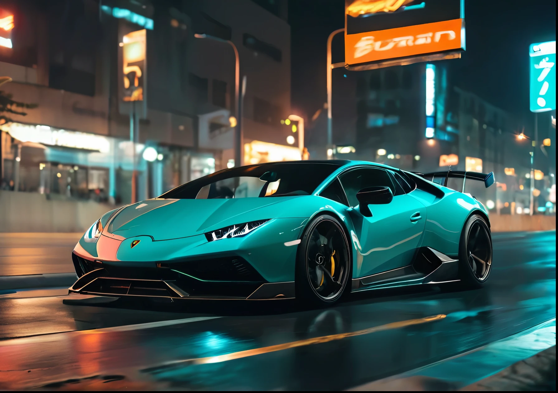 A high resolution,An ultra-high picture quality, 8K,Detailed detailarvelous expression、Big city at night、 Lamborghini Huracan color red, Driving on the highway、Turn on the headlights,Ride beautifully through the highway at night