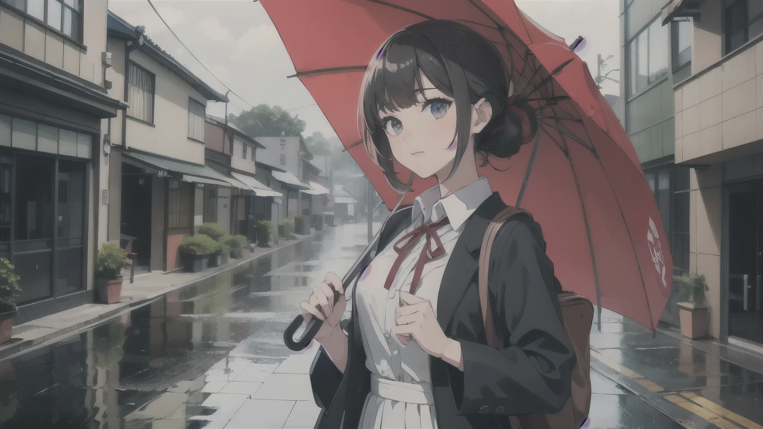 High resolution, highest quality, Super detailed,masterpiece,One girl,rain,umbrella,Japan,Residential Street,rain雲,student,uniform,Dress shirt,Round collar,Red ribbon,Summer clothes,Going to school,cowboy shot