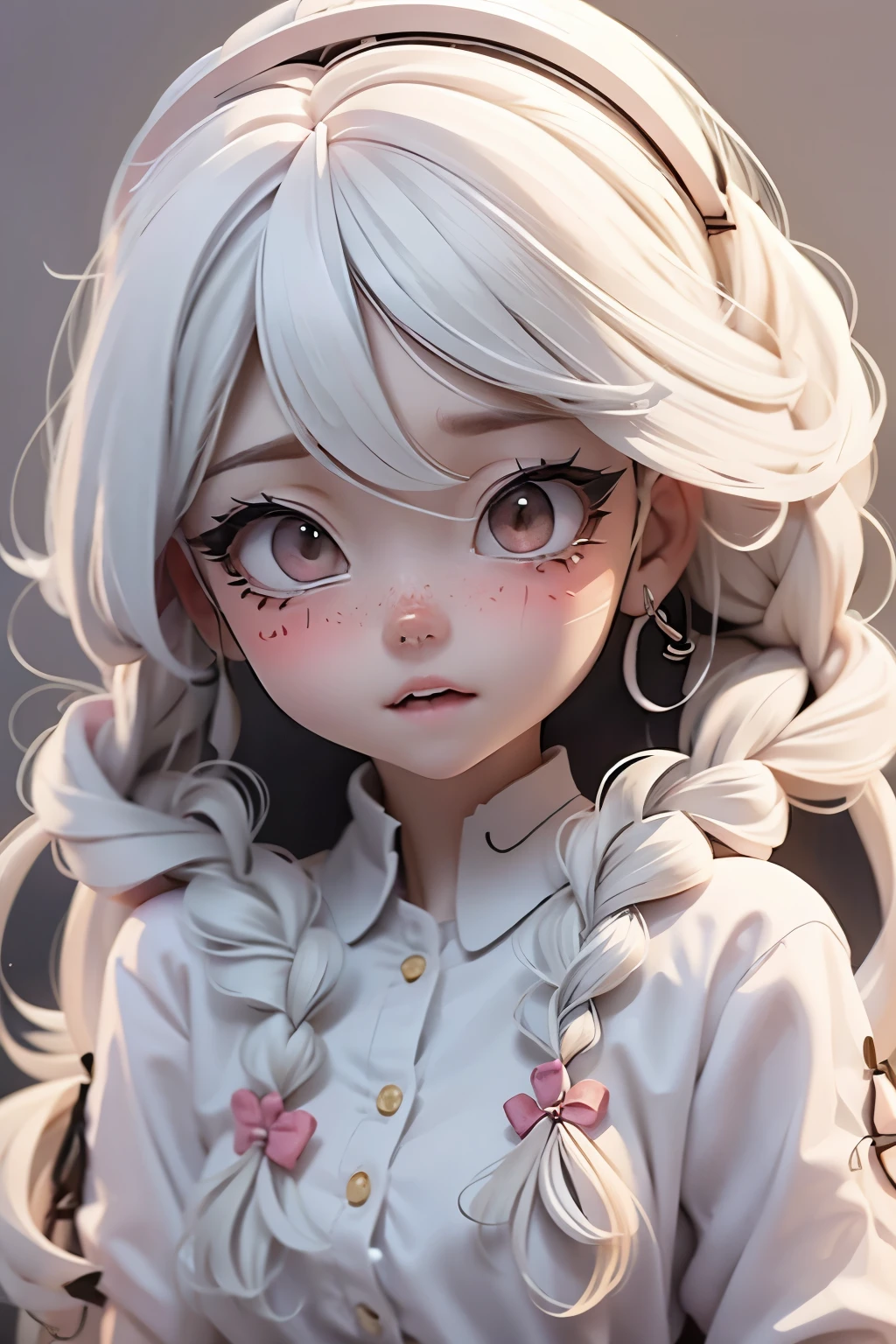 Lolli girl, braid hair, school, talking, anime drawing background, white hair, frontal pose, face close, extremely scared and fragilized
