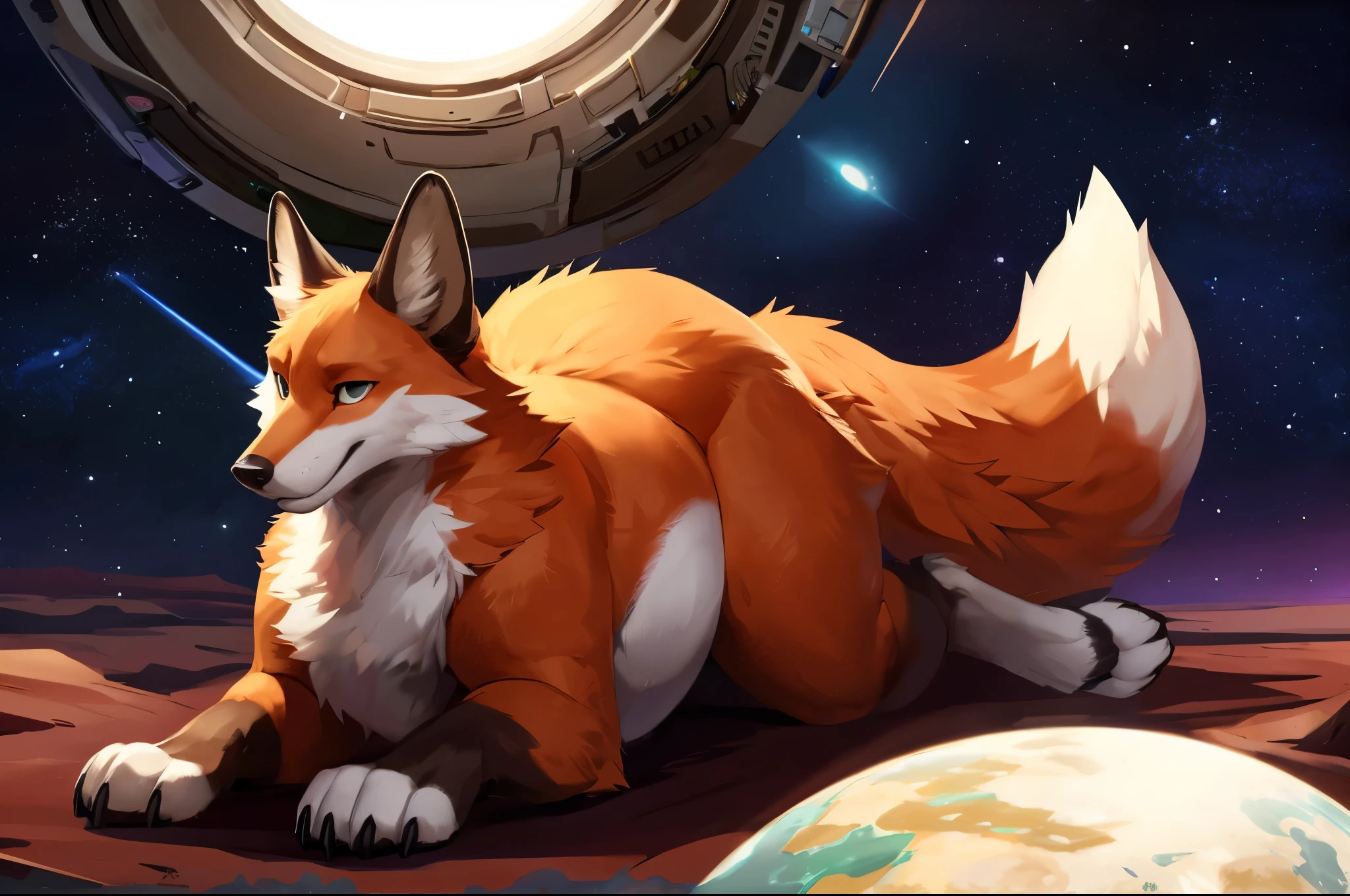 4k ultra quality, 4k full body view,(ultra high detailed body),((feral)) fox,by mystikfox61, by glitter trap boy,feral paws, by bebebebebe,by morethreedee, by seibear,(thick thigh),(chubby thigh),thicc thigh,thick legs,chubby legs,thicc legs,massive butt,enomorous thigh,massive thigh,massive legs,thick lower legs,wide legs,(detailed thigh),(wide thigh),fluffy belly sharp nails,((sfw)),(ultra detailed face),detailed eyes,big tail,fluffy tail,(detailed tail),enomorous tail,bigger tail,huge tail,volumetric light,big paws,(thick paws),fluffy paws,furry paws,enomorous paws,(feral focus), beast,(bigger lower body),(long legs),master works, super fine, 4k resolution, high quality,high picture detail,dark fantasy,illusory engine, Masterpiece,front view,dire fox,faint lighting,macro (feral) body,hyper belly,chubby (feral) body,on a planet,in space