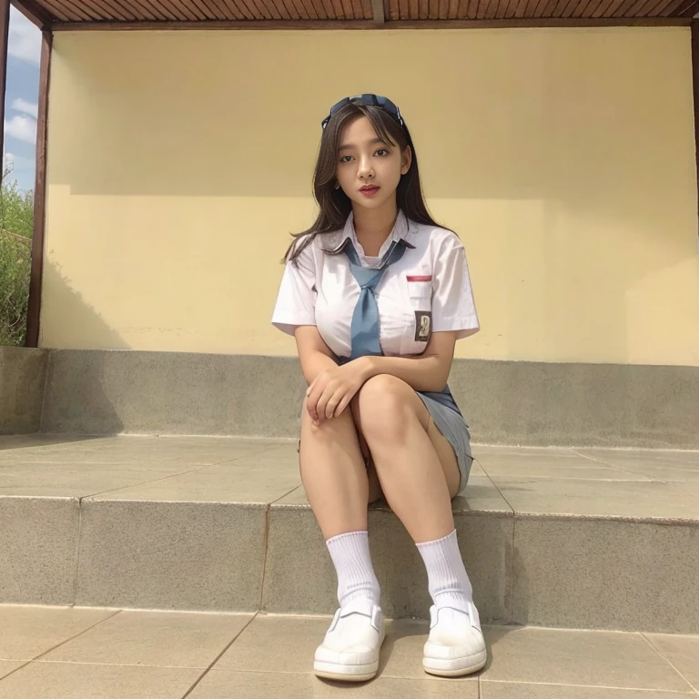 (masterpiece, best quality:1.2), (realistic,photo-realistic:1.4), RAW photo, highres, extremely detailed, intricate details, cinematic lighting, (front view, view from below:1.3), a Indonesian face girl, wear skirt, Girl sitting on chair, open crossing leg, visible white panties, (full body,loafers:1.5), large breasts, (fine fabric texture, white shirt, school bowtie, socks:1.2), detailed eyes, detailed face, fine-textured skin, pale skin,
