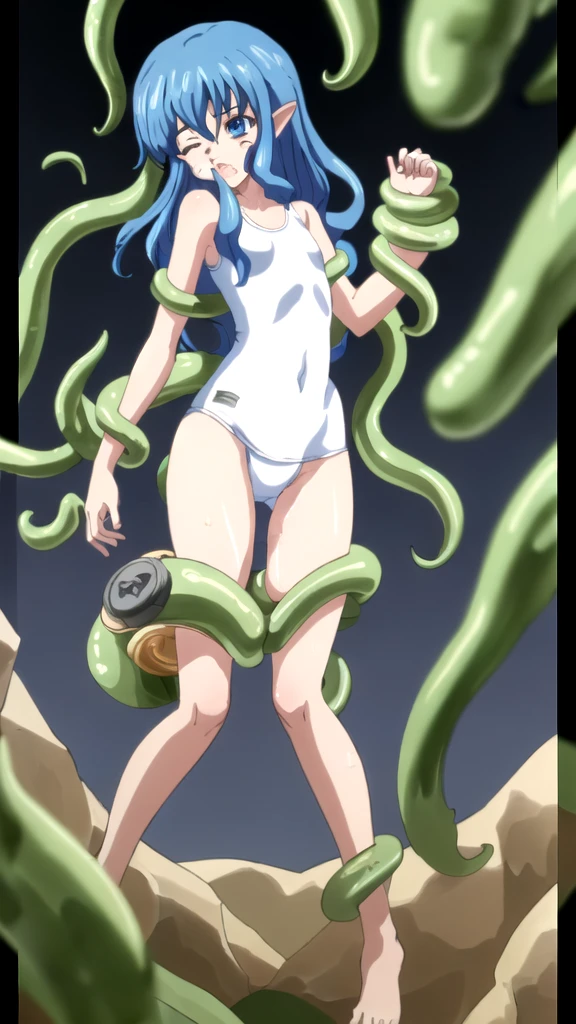 Shiitono,high resolution,high quality,High resolution,（Anime Style）,Beautiful images,Clear images,Viewed from the front,（Cute Girls）,（1 girl）,（Petite figure,low length,Lori）,whole body（from head to toe）,  Blue Hair,  blue eyes, Long Hair, Hair between the eyes, bangs,（ White old school swimsuit）,Attacked  by tentacles,The tentacles are approaching,Tentacles approaching my crotch,Her body is restrained by tentacles,Tentacles rubbing my chest,Tentacles are attached to the chest,Tentacles are inserted into the crotch,Tentacles enter the old school swimsuit,（Tentacle insertion,Attacking a weak spot,Nipple attack）,Have a  face,It feels good and I'm in agony,Vulgar in a  sense,Ecstasy,Profanity,
steam（mist）,Wet,Sweat,Climax,Eyes closed,Watery eye,Mouth open,