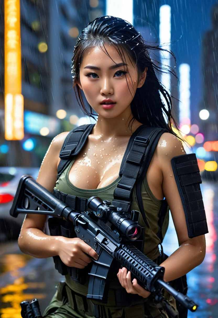 a beautiful 20 year old Asian woman, huge breasts, long hair neatly styled, who is a member of a special forces unit. He carries a weapon in tactical attire striking dynamic poses as he maneuvers through the concrete jungle with tactical finesse and precision. The city lights shimmer in the background, producing a series of lights and shadows that underline the tension and intensity, the heavy rain and the effect of wet clothes,incredibly absurdres, ultra detailed, high resolution, realistic lighting, photorealism, hyperrealism,masterpiece,vibrant colors,stunning visuals,ultra skin texsture,stable diffusion,perfect anatomy,crazy details