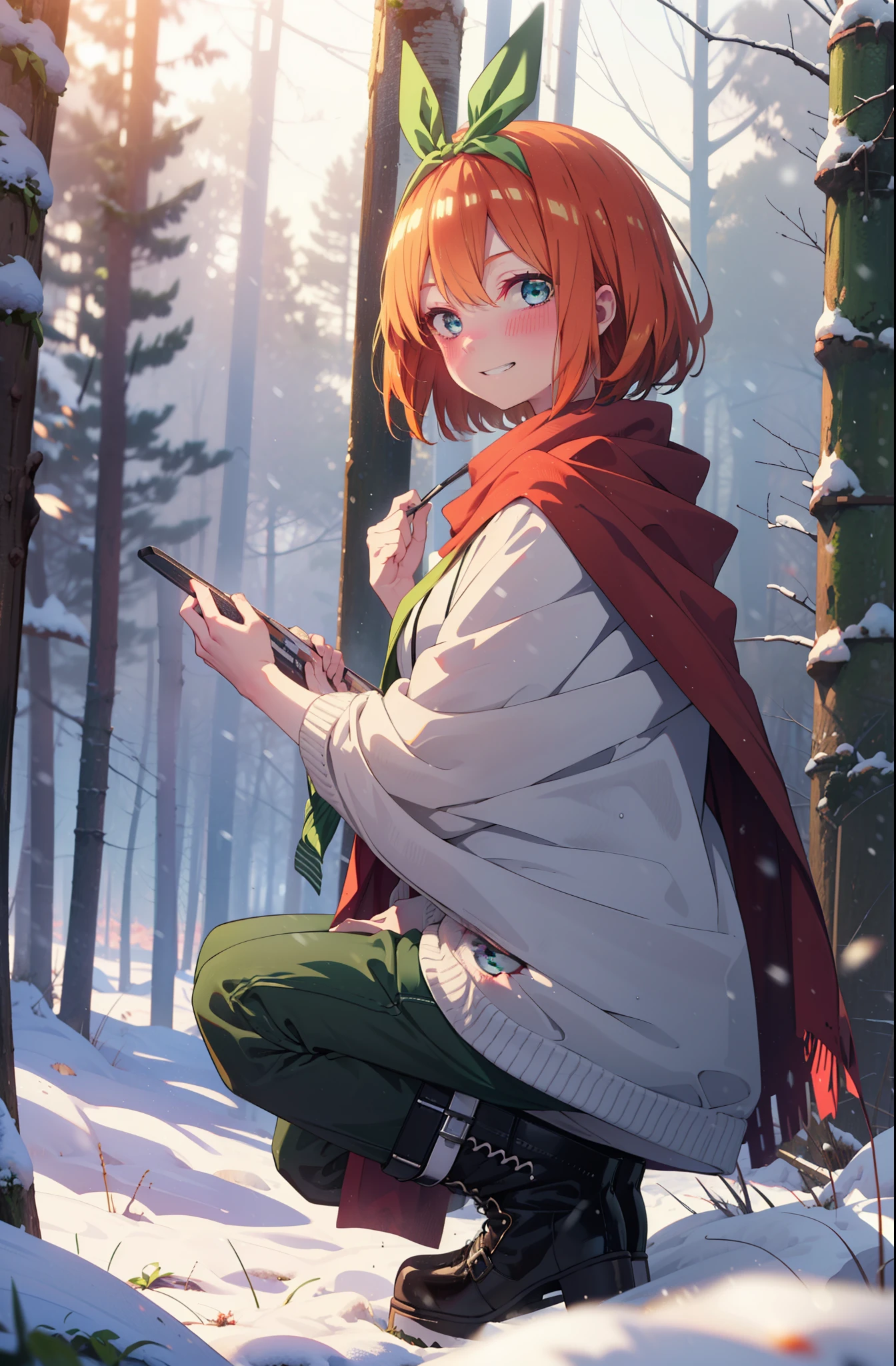 yotsubanakano, yotsuba nakano, bangs, short hair, blue eyes, Hair between the eyes, Hair Ribbon, hair band, Orange Hair, (Green ribbon:1.5), smile, Grin,smile,blush,White Breath,
Open your mouth,snow,Ground bonfire, Outdoor, boots, snowing, From the side, wood, suitcase, Cape, Blurred, Increase your meals, forest, White handbag, nature,  Squat, Mouth closed, フードed Cape, winter, Written boundary depth, Black shoes, red Cape break looking at viewer, Upper Body, whole body, break Outdoor, forest, nature, break (masterpiece:1.2), highest quality, High resolution, unity 8k wallpaper, (shape:0.8), (Beautiful and beautiful eyes:1.6), Highly detailed face, Perfect lighting, Extremely detailed CG, (Perfect hands, Perfect Anatomy),