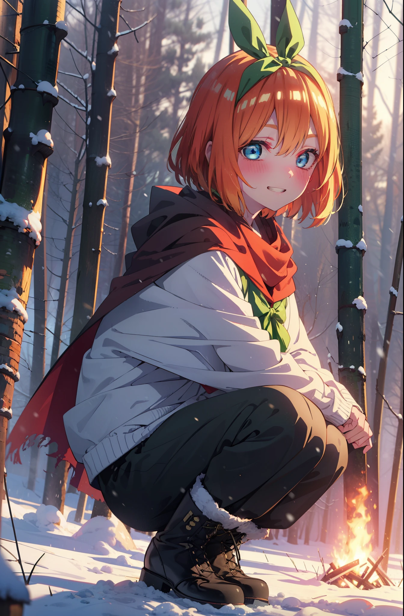 yotsubanakano, yotsuba nakano, bangs, short hair, blue eyes, Hair between the eyes, Hair Ribbon, hair band, Orange Hair, (Green ribbon:1.5), smile, Grin,smile,blush,White Breath,
Open your mouth,snow,Ground bonfire, Outdoor, boots, snowing, From the side, wood, suitcase, Cape, Blurred, Increase your meals, forest, White handbag, nature,  Squat, Mouth closed, フードed Cape, winter, Written boundary depth, Black shoes, red Cape break looking at viewer, Upper Body, whole body, break Outdoor, forest, nature, break (masterpiece:1.2), highest quality, High resolution, unity 8k wallpaper, (shape:0.8), (Beautiful and beautiful eyes:1.6), Highly detailed face, Perfect lighting, Extremely detailed CG, (Perfect hands, Perfect Anatomy),