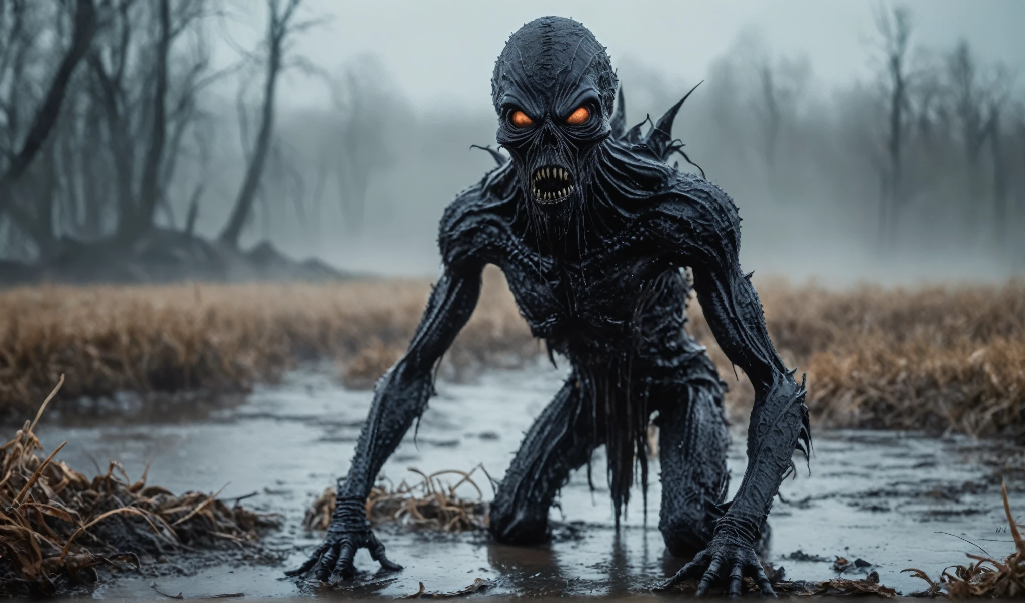 full-body-shot,niobium Manganite (The Alien Entity:Quora:0.5), wants eat,survival in criminal village of future,Cinematic,soft colors, Technicolor,natural skin textures, hyper realism, hyper detailed,Extremely detailed,High contrast,Masterpiece,Realistic,Ultra Detailed, intricate details,realistic humid leather,extremely intricate,Epic Realistic, cinematic style,irina yermolova,high contrast,HDR,extremely detailed, deep black,masterpiece,intricate details,faded,eyes extremely detailed, high detailed eyes,8k resolution,RAW,retina, Nikon Z9,pale demon crawling out the earth, frozen foggy marsh on background, horror movie, cinematic look, creepy aesthetic, ultra detailed, photorealistic, masterpiece winter