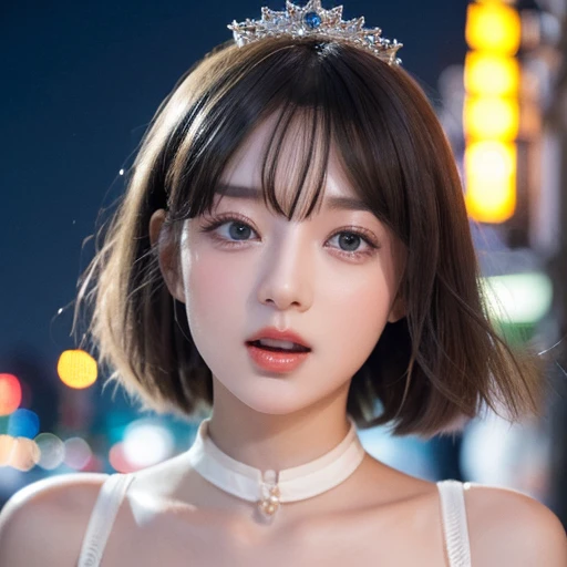 masterpiece of professional Analog photo, realistic and photorealistic with touch of rawness, (a close-up portrait of a tiny princess wearing white thongs on a city street), Dusk Sky with afterglow, intricate lighting effects with light particles, (many colorful lights dazzling bokeh), Traffic lights, enjoying summer festival, { Childish | Gigantic Cleavage }, (((NOGIZAKA))) Extremely Detailed very KAWAII face variation, perfect anatomy, captivating gaze, elaborate detailed Eyes with (sparkling highlights:1.2), long eyelashes、Glossy RED Lips with beautiful details, Coquettish tongue, Rosy cheeks . (Dynamic joyful expressions), { pleasure in agony | Ecstasy | :D | screaming | Perplexed }, Mystic sight . hair and eye color is same color, { Red leather high collar | Red ribbon }, from diagonally angle. short bob, Tiny princess Coronet .