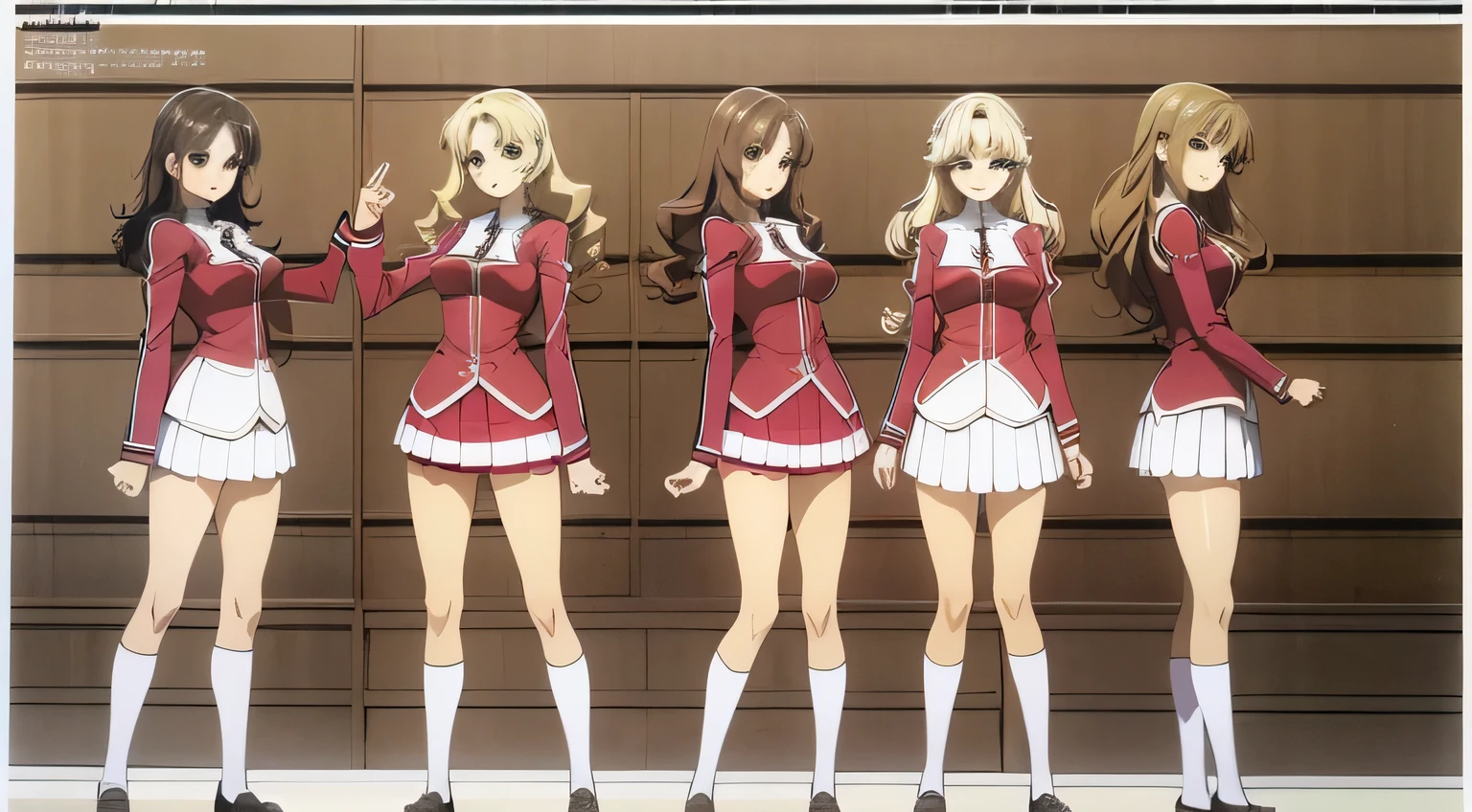 masterpiece, high quality, Multiple girls, organization, Same sisters, Blonde Hair, curls, (brown haired sisters, Blonde sisters, many sisters, Match hairstyle, different hair colors), Hazel eyes, Medium bust, ((Matching Clothing, Uniforms)), Smile, flat_color, Same height, organization pose, Back to back,