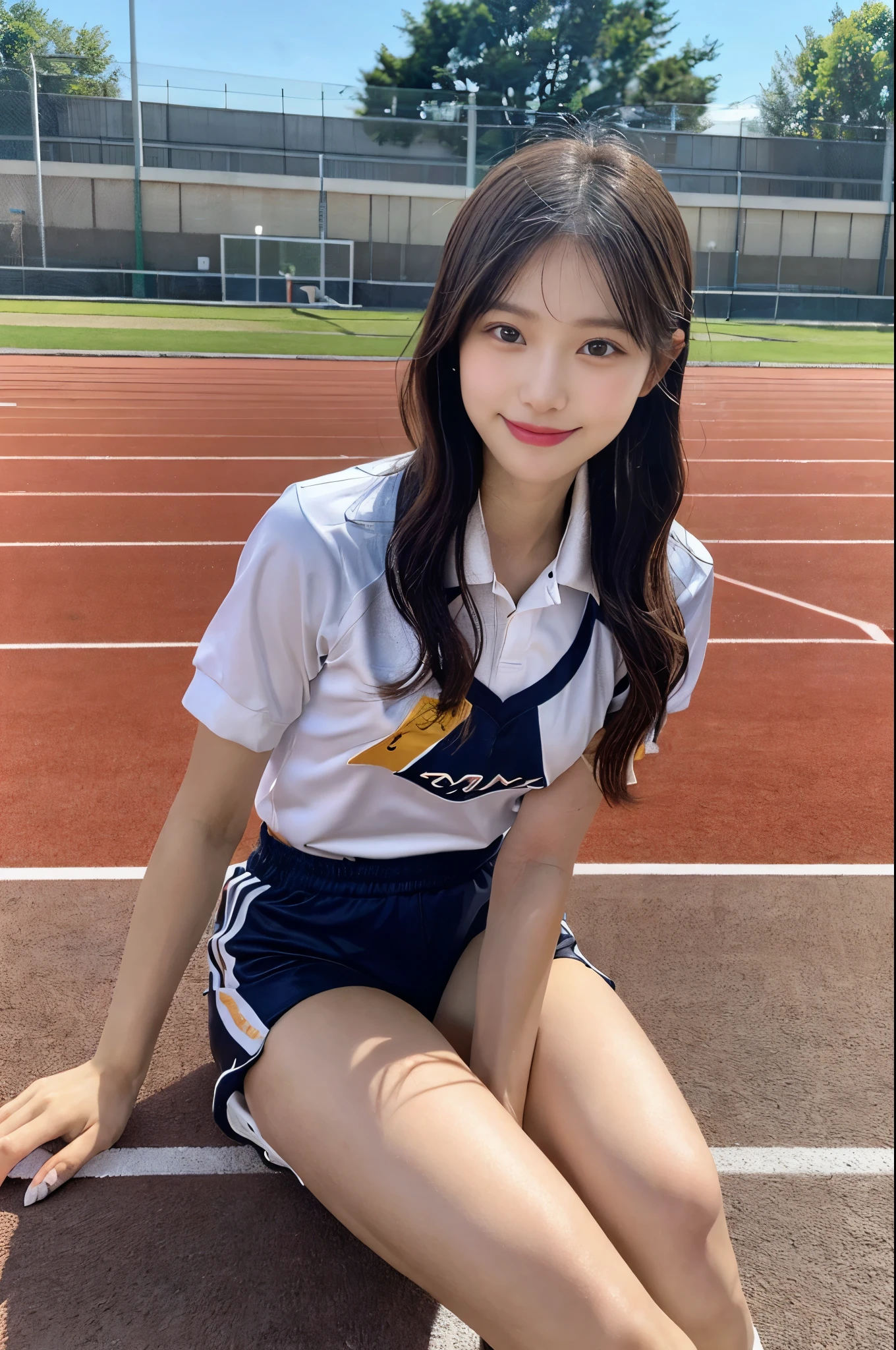  (Full Body:1.4), (Masterpiece, Top quality, Ultra High Definition, 8K), (realistic, photo-realistic:1.4), (1 cute Japanese woman:1.2), age 19, 170cm tall, Slender Body, (Large Breasts), (round face, moon face:1.3), (Absurdly Long Hair:1.3), Black Hair, Shiny Hair, Straight Hair, glossy lips, flawless skin, glossy thighs, (Track and Field Uniform:1.3), Half Smile, Sitting, at athletics track field, realhands,