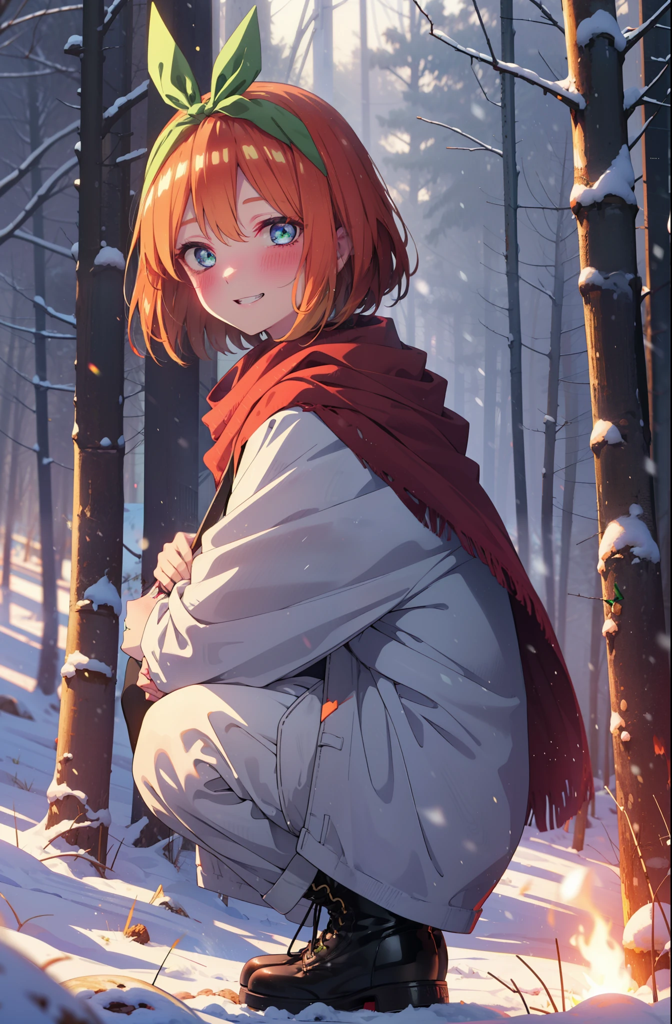 yotsubanakano, yotsuba nakano, bangs, short hair, blue eyes, Hair between the eyes, Hair Ribbon, hair band, Orange Hair, (Green ribbon:1.5), smile, Grin,smile,blush,White Breath,
Open your mouth,snow,Ground bonfire, Outdoor, boots, snowing, From the side, wood, suitcase, Cape, Blurred, Increase your meals, forest, White handbag, nature,  Squat, Mouth closed, フードed Cape, winter, Written boundary depth, Black shoes, red Cape break looking at viewer, Upper Body, whole body, break Outdoor, forest, nature, break (masterpiece:1.2), highest quality, High resolution, unity 8k wallpaper, (shape:0.8), (Beautiful and beautiful eyes:1.6), Highly detailed face, Perfect lighting, Extremely detailed CG, (Perfect hands, Perfect Anatomy),