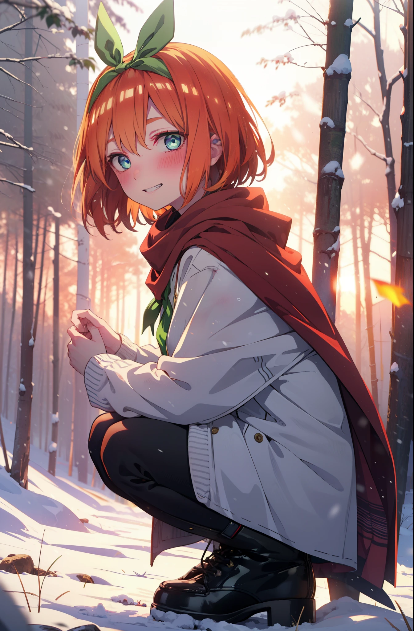 yotsubanakano, yotsuba nakano, bangs, short hair, blue eyes, Hair between the eyes, Hair Ribbon, hair band, Orange Hair, (Green ribbon:1.5), smile, Grin,smile,blush,White Breath,
Open your mouth,snow,Ground bonfire, Outdoor, boots, snowing, From the side, wood, suitcase, Cape, Blurred, Increase your meals, forest, White handbag, nature,  Squat, Mouth closed, フードed Cape, winter, Written boundary depth, Black shoes, red Cape break looking at viewer, Upper Body, whole body, break Outdoor, forest, nature, break (masterpiece:1.2), highest quality, High resolution, unity 8k wallpaper, (shape:0.8), (Beautiful and beautiful eyes:1.6), Highly detailed face, Perfect lighting, Extremely detailed CG, (Perfect hands, Perfect Anatomy),