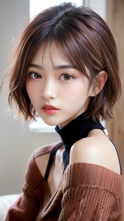 (Top quality masterpiece:1.2) Delicate illustrations, Very detailed, /Beautiful Japanese Woman、1 person,Very cute and slim、Great style 、((8k images、super high quality))、Very delicate face, beautifule forehead、Big Breasts、Bright red lipstick,(((((short hair、Light brown hair、Blonde Hair))))),very cute、Kind eyes,((((Off-the-shoulder sweater))))