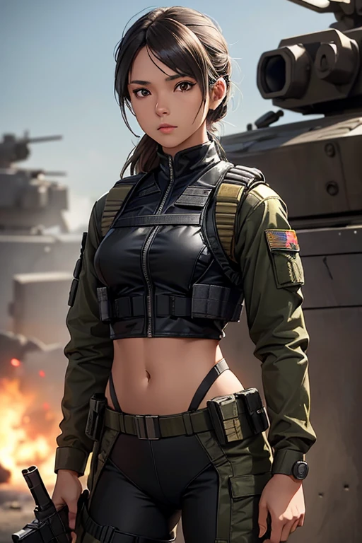 a woman in a black outfit holding a rifle and wearing headphones, 24-year-old woman, Filipino woman, tan bronze skin, soldier girl, mechanized soldier girl, military girl, beautiful female soldier, female lead character, infantry girl, of a sniper girl in war, solo female character, future combat gear, close up half body shot, Women in crop top military bulletproof vest, showing navel, quiet from metal gear solid v, wearing tactical gear, dressed in tactical armor