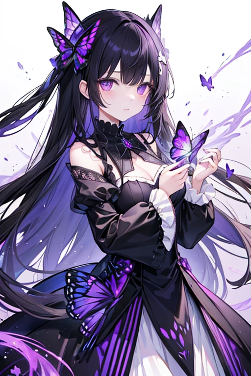 11 year old girl、The left eye is a dark purple with a black butterfly pattern, and the right eye is a light purple with a white butterfly pattern.、Long Black Hair、The outfit is a black dress with little exposure.、Using the magic of the purple gem、My breasts are a little large、Expressionless Magical Girl