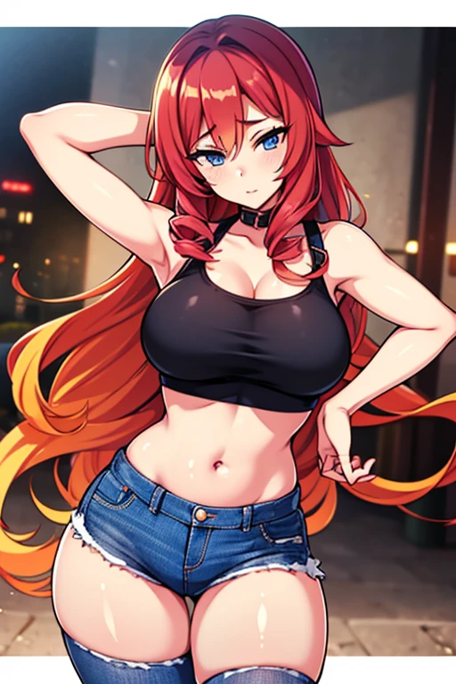 

3, 23 years old ladies. Lily has long blonde hair and piercing blue eyes, her outfit consisting of a crop top showing off her toned midriff and skintight jeans emphasizing her hourglass figure. Sophia sports short black hair with striking red highlights, wearing a low-cut dress that clings to her voluptuous frame. Lastly, Maya has fiery red hair flowing past her shoulders, donning a miniskirt paired with a sheer blouse tied at the waist, exposing her flat stomach. Despite their risqué attire, however, none of them seem self-conscious or uncomfortable; instead, they carry themselves with confidence and grace.