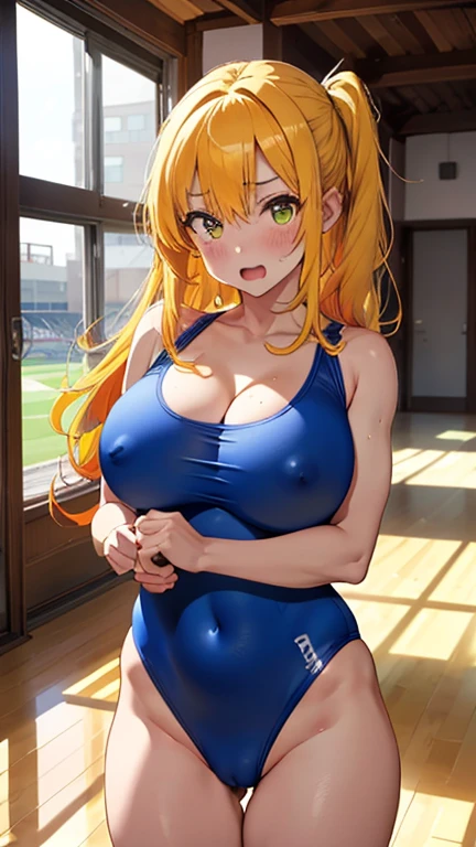 mastute piece,Best Quality,insanely detailed,8k cg,nsfw,
(shoot upper body:1.3),
(1girls:1.3),standing,looking at viewr,body in front,both arms behind back,(Blue baton twirling uniform),(bare :1.2),(bare crotch:1.2),
break,
blush,shy,(trembling:1.2),(Yellow Hair:1.4),
break,
perfect breastst teats,(open mouth:0.9),(large breasts:1.2),
sports field,