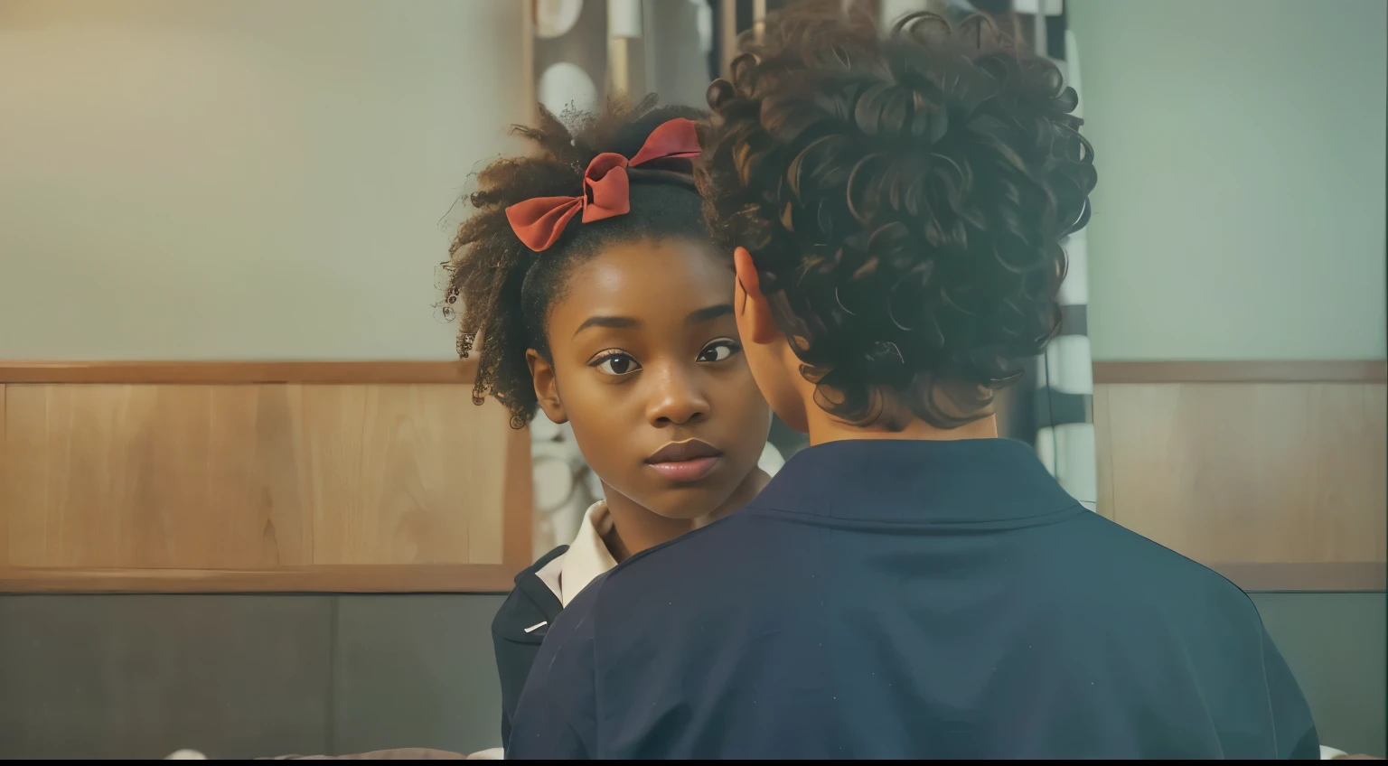 Two realistic people in a living room setting. The scene is warm and inviting, with one character, a young black girl the age of  with brown skin and a red bow in her hair, facing the viewer with expressive eyes. She’s wearing a white collared shirt, suggesting a casual yet neat appearance. The other character, seen from behind is a black man with dark short woolly afro hair and is wearing a dark navy blue top, adding a sense of mystery to the interaction, as he kneels down to the little givel. The background features booth-style seating and interior decor that evoke the classic charm of a living room. The lighting is soft, highlighting the characters faces and creating a cozy atmosphere.