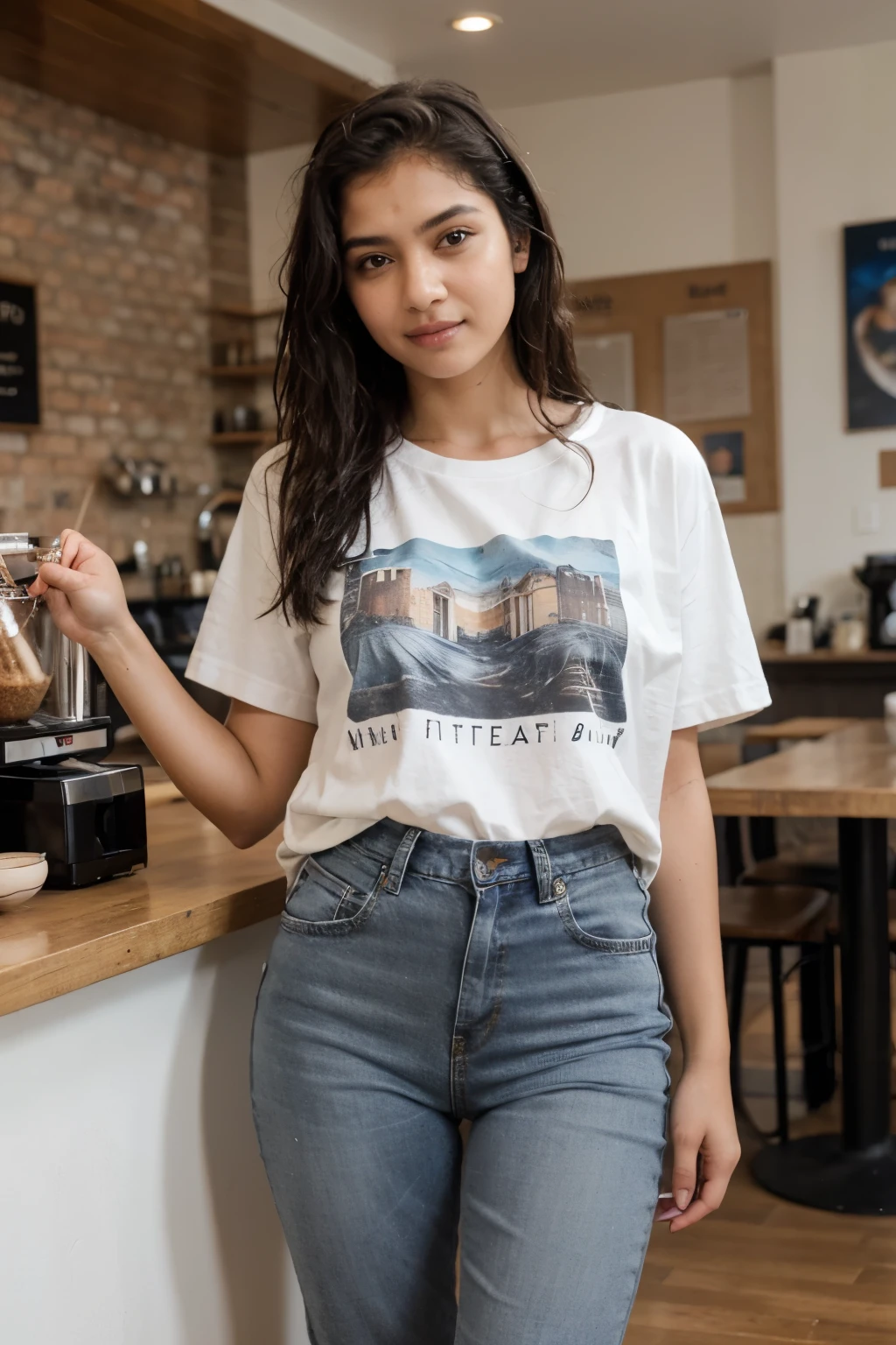 Indian girl, wet hair, over sized t-shirt baggy jeans, posing in coffe shop, look at camara winking (artstatio:1.2)