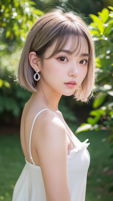 (8k, Photorealistic, Raw photo, Highest quality: 1.4),Japanese idol style1Beautiful girl of the person,18-year-old,Short Bob,Silver Hair,Hang your hair over your ears,Wearing small earrings in the ears,Big, clear grey eyes,Long eyelashes,Tear bags,There is a blackhead under the left eye,Plump Cheeks,Pink lip gloss for glossy, plump lips,Standing barefoot on the grass in the park,Bust top portrait