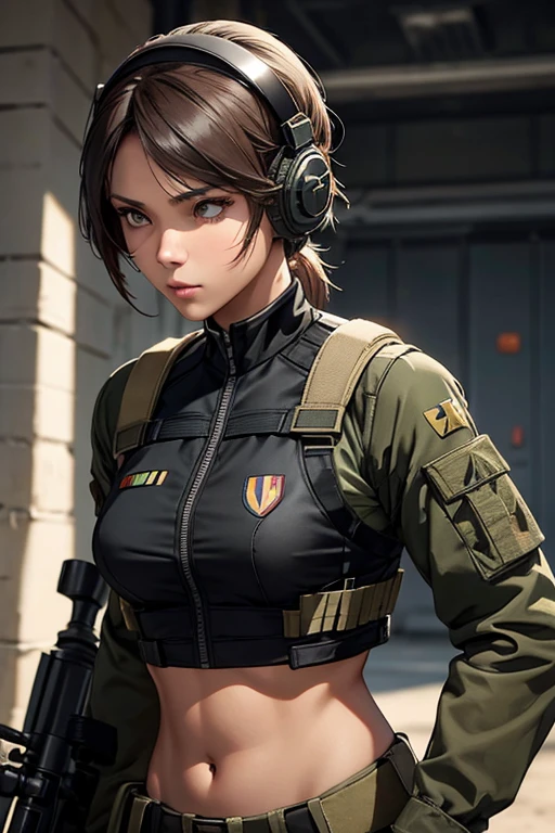 a woman in a black outfit holding a rifle and wearing headphones, 42-year-old woman, Filipino woman, tan bronze skin, soldier girl, mechanized soldier girl, military girl, beautiful female soldier, female lead character, infantry girl, of a sniper girl in war, solo female character, future combat gear, close up half body shot, Women in crop top military bulletproof vest, showing navel, quiet from metal gear solid v, wearing tactical gear, dressed in tactical armor