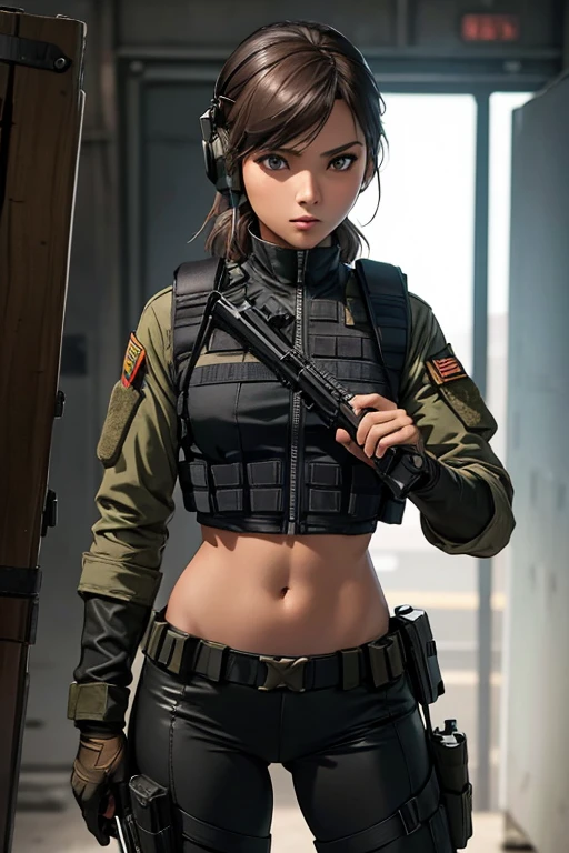 a woman in a black outfit holding a rifle and wearing headphones, 42-year-old woman, Filipino woman, tan bronze skin, soldier girl, mechanized soldier girl, military girl, beautiful female soldier, female lead character, infantry girl, of a sniper girl in war, solo female character, future combat gear, close up half body shot, Women in crop top military bulletproof vest, showing navel, quiet from metal gear solid v, wearing tactical gear, dressed in tactical armor