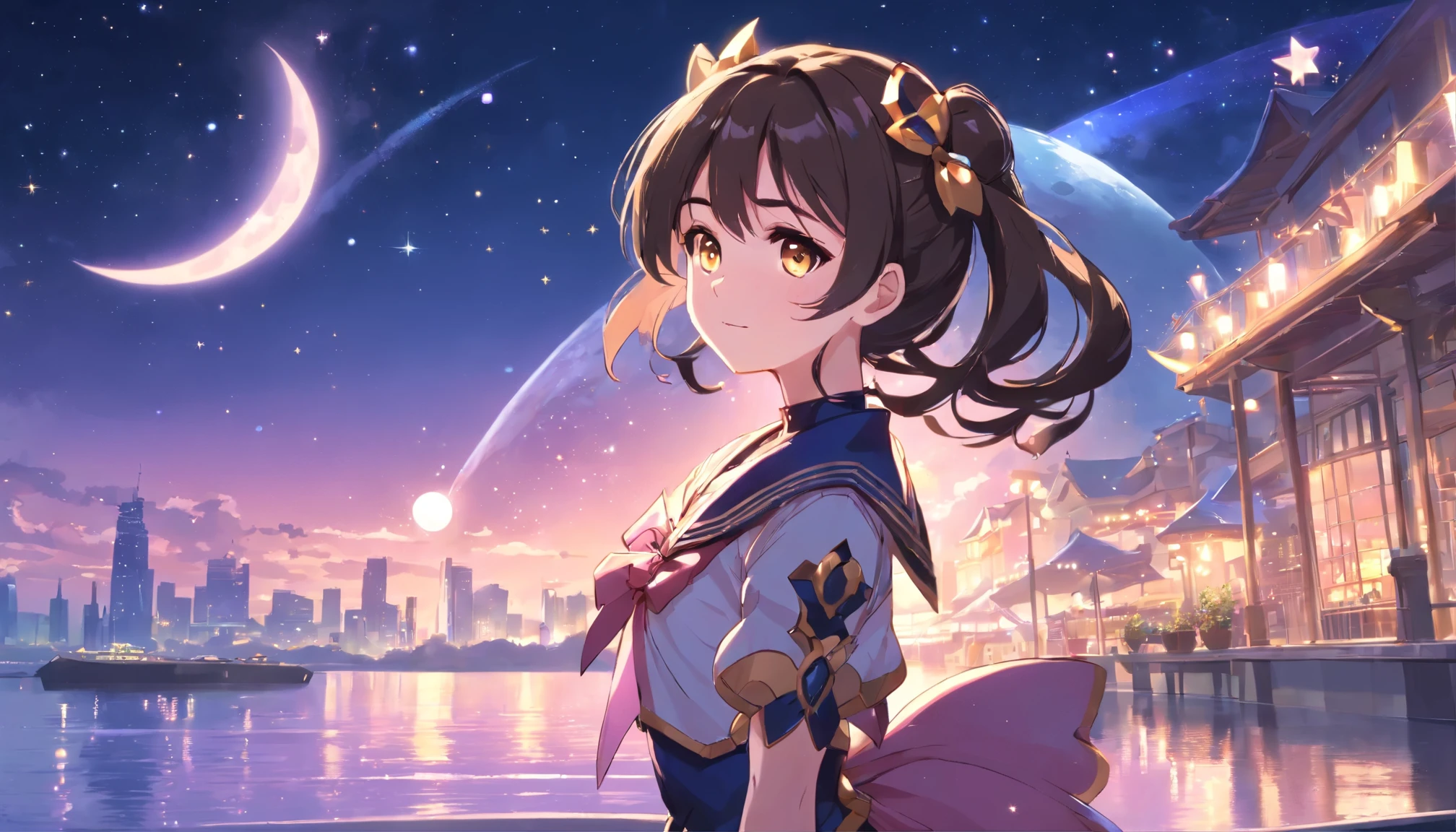 Marinero de la luna, realista, 1 chica, (magical girl:1.4), long dark brown hair, (golden opal eyes), (cristales, bokeh brillante), (Gothic:1.4)Estilo Uniforme Sailor Scout, (pechos grandes:1.25), escote, Caderas anchas, small waist, piel bronceada, clavicle, Labios partidos, constituir, Rubor, piel brillante, noche, reflection, Luna llena, luz de la luna, rosa
