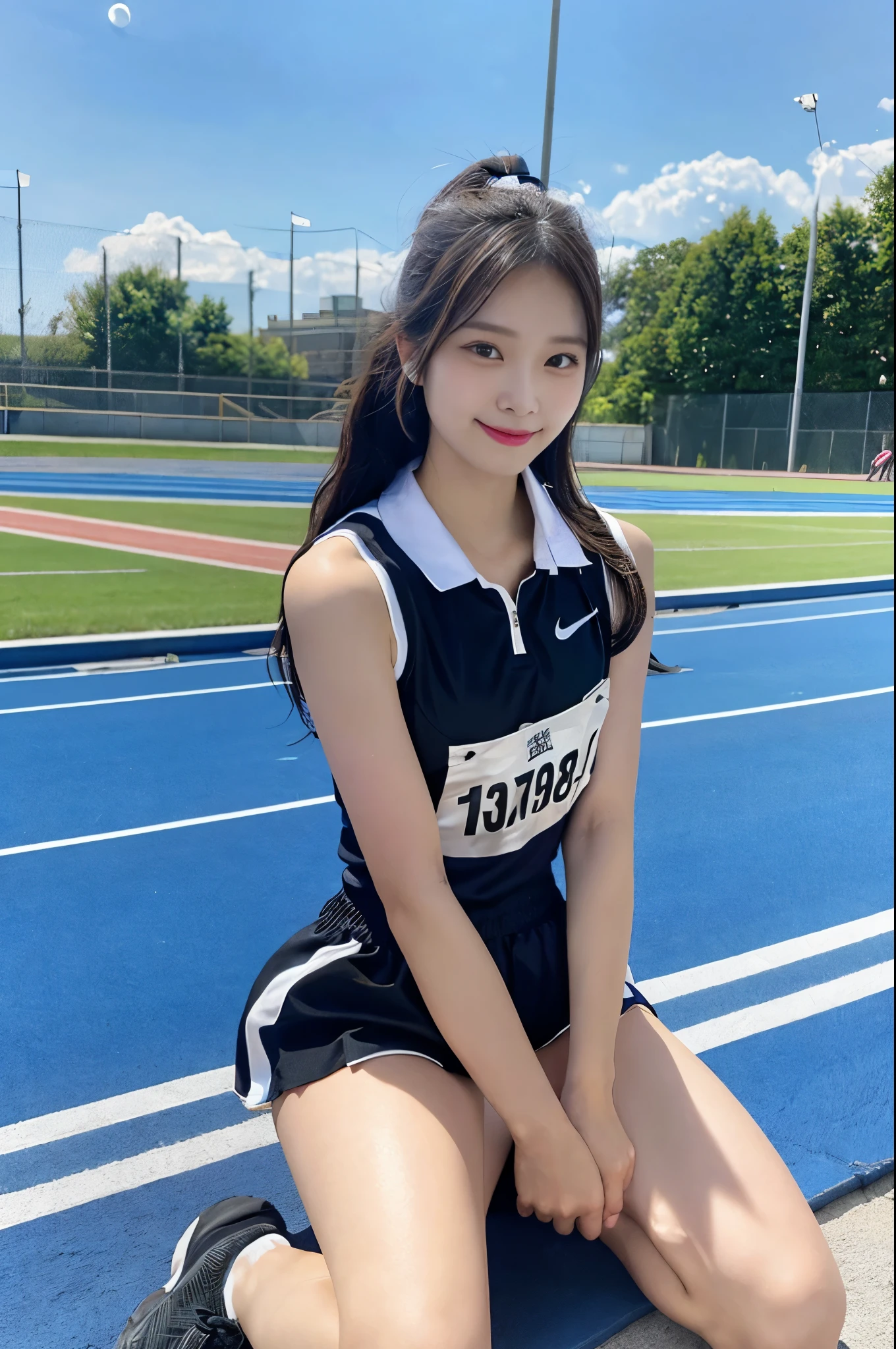 (Full Body:1.4), (Masterpiece, Top quality, Ultra High Definition, 8K), (realistic, photo-realistic:1.4), (1 cute Japanese woman:1.2), age 19, 170cm tall, Slender Body, (Large Breasts), (round face, moon face:1.3), (Absurdly Long Hair:1.3), Black Hair, Shiny Hair, Straight Hair, glossy lips, flawless skin, glossy thighs, (Track and Field Uniform:1.3), Half Smile, Sitting, at athletics track field, realhands,