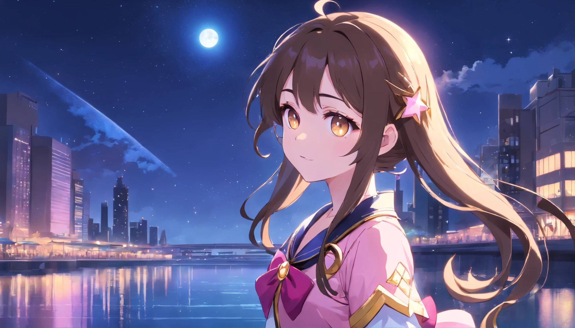 Marinero de la luna, realista, 1 chica, (magical girl:1.4), long dark brown hair, (golden opal eyes), (cristales, bokeh brillante), (Gothic:1.4)Estilo Uniforme Sailor Scout, (pechos grandes:1.25), escote, Caderas anchas, small waist, piel bronceada, clavicle, Labios partidos, constituir, Rubor, piel brillante, noche, reflection, Luna llena, luz de la luna, rosa