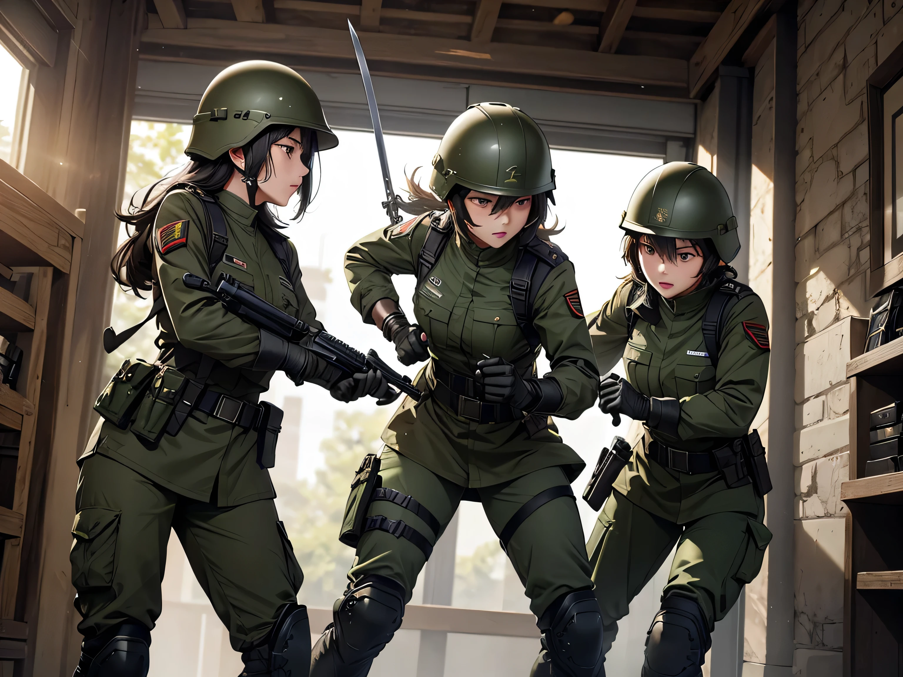 Three female soldiers in helmets in battle,Dark green combat uniform,Rubber belt,Arsenal,Military dagger in hand,Tactical gloves,Knee pads,Write details、masterpiece、best quality、Highly detailed CG、8K picture quality、theater lighting、lens flare