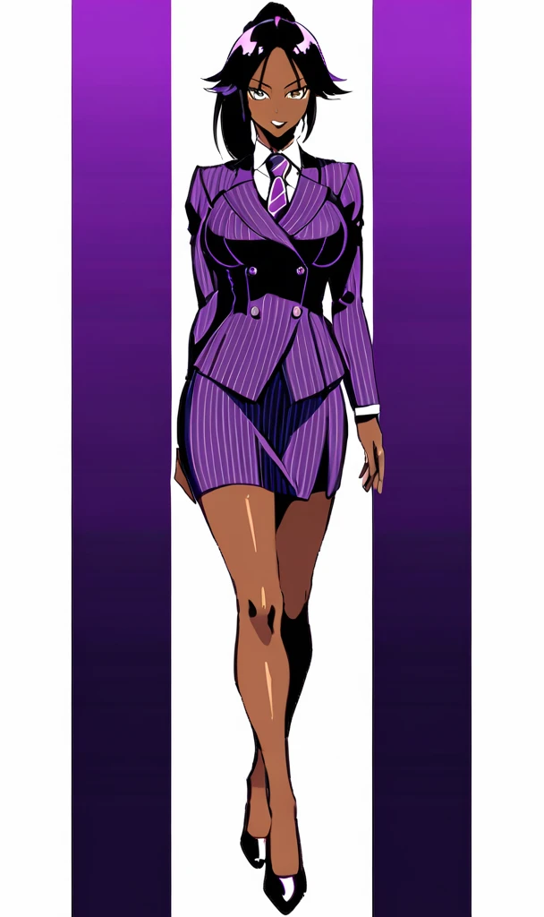 Yoruichi as a thin Black business woman in a double breasted pinstripe purple skirt suit while wearing a tie with a knee long purple pinstripe skirt full body