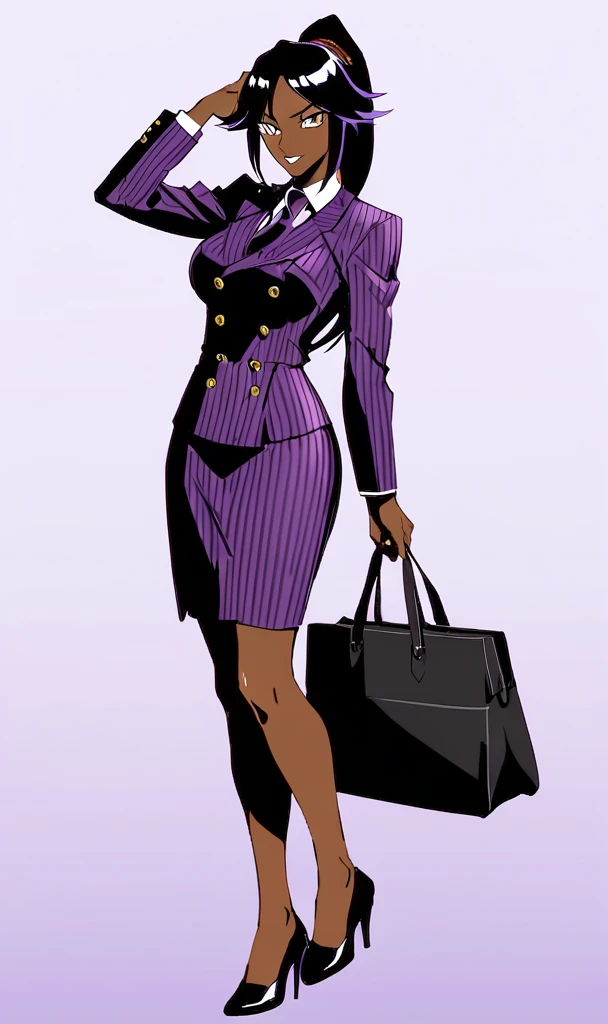  Yoruichi as a thin Black business woman in a double breasted pinstripe purple  skirt suit while wearing a tie with a knee long purple pinstripe skirt full body 