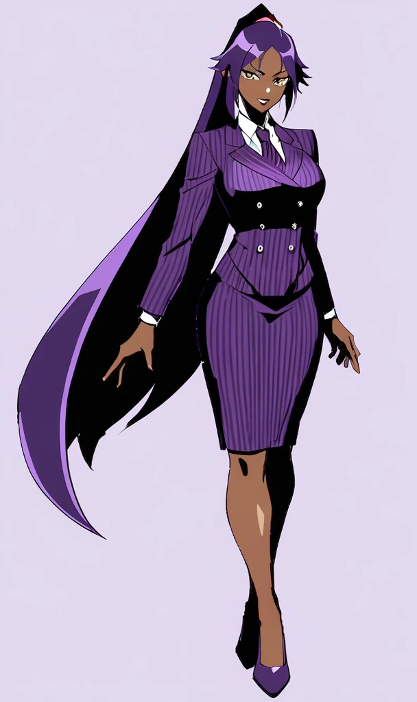 Yoruichi as a thin Black business woman in a double breasted pinstripe purple skirt suit while wearing a tie with a knee long purple pinstripe skirt full body