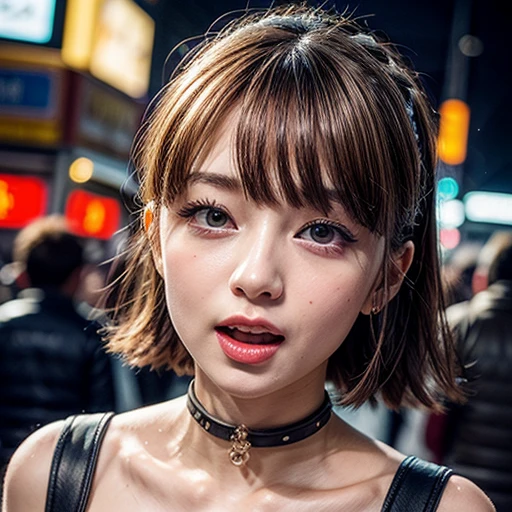 masterpiece of professional Analog photo, realistic and photorealistic with touch of rawness, (a close-up portrait of a tiny princess wearing white thongs on a city street), Dusk Sky with afterglow, intricate lighting effects with light particles, (many colorful lights dazzling bokeh), Traffic lights, enjoying summer festival, { Childish | Gigantic Cleavage }, (((NOGIZAKA)))  Extremely Detailed very KAWAII face variation, perfect anatomy, captivating gaze, elaborate detailed Eyes with (sparkling highlights:1.2), long eyelashes、Glossy RED Lips with beautiful details, Coquettish tongue, Rosy cheeks . (Dynamic joyful expressions), { pleasure in agony | Ecstasy | :D | screaming | Perplexed }, Mystic sight . hair and eye color is same color, { Red leather high collar | Red ribbon }, from diagonally angle. short bob, Coronet .