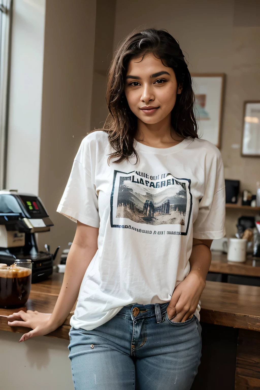 Indian girl, wet hair, over sized t-shirt baggy jeans, posing in coffe shop, look at camara winking (artstatio:1.2)