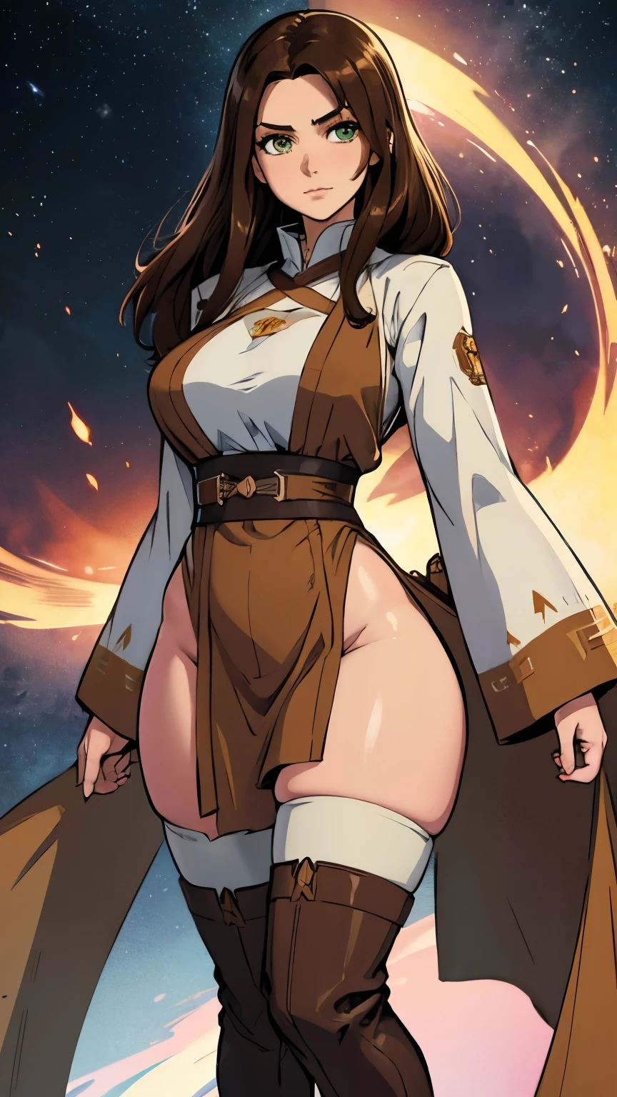 anime woman, long straight brown hair, green eyes, peach colored skin, ((SFW)), detailed face, detailed eyes, UHD 8K, dark brown and white jedi robes, large F cup breasts, wide hips, thick thighs, brown thigh high boots, one person, solo, full body image