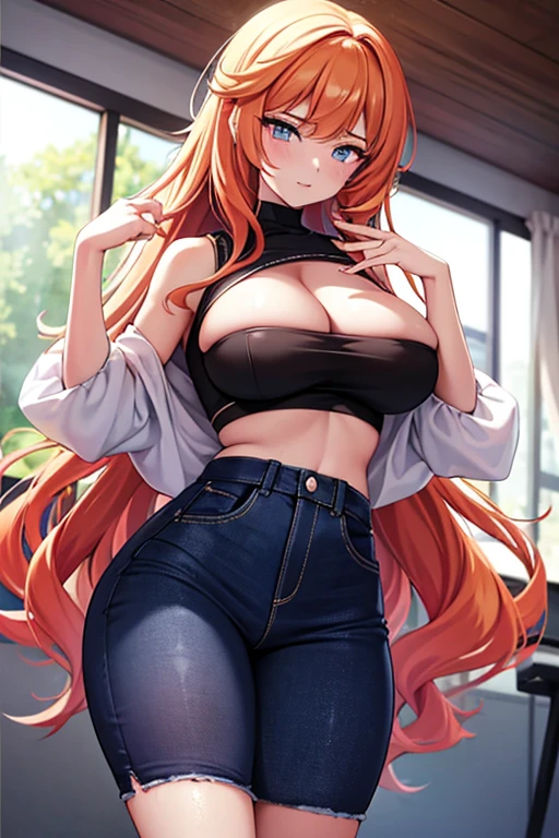 3, 23 years old ladies. Lily has long blonde hair and piercing blue eyes, her outfit consisting of a crop top showing off her toned midriff and skintight jeans emphasizing her hourglass figure. Sophia sports short black hair with striking red highlights, wearing a low-cut dress that clings to her voluptuous frame. Lastly, Maya has fiery red hair flowing past her shoulders, donning a miniskirt paired with a sheer blouse tied at the waist, exposing her flat stomach. Despite their risqué attire, however, none of them seem self-conscious or uncomfortable; instead, they carry themselves with confidence and grace.