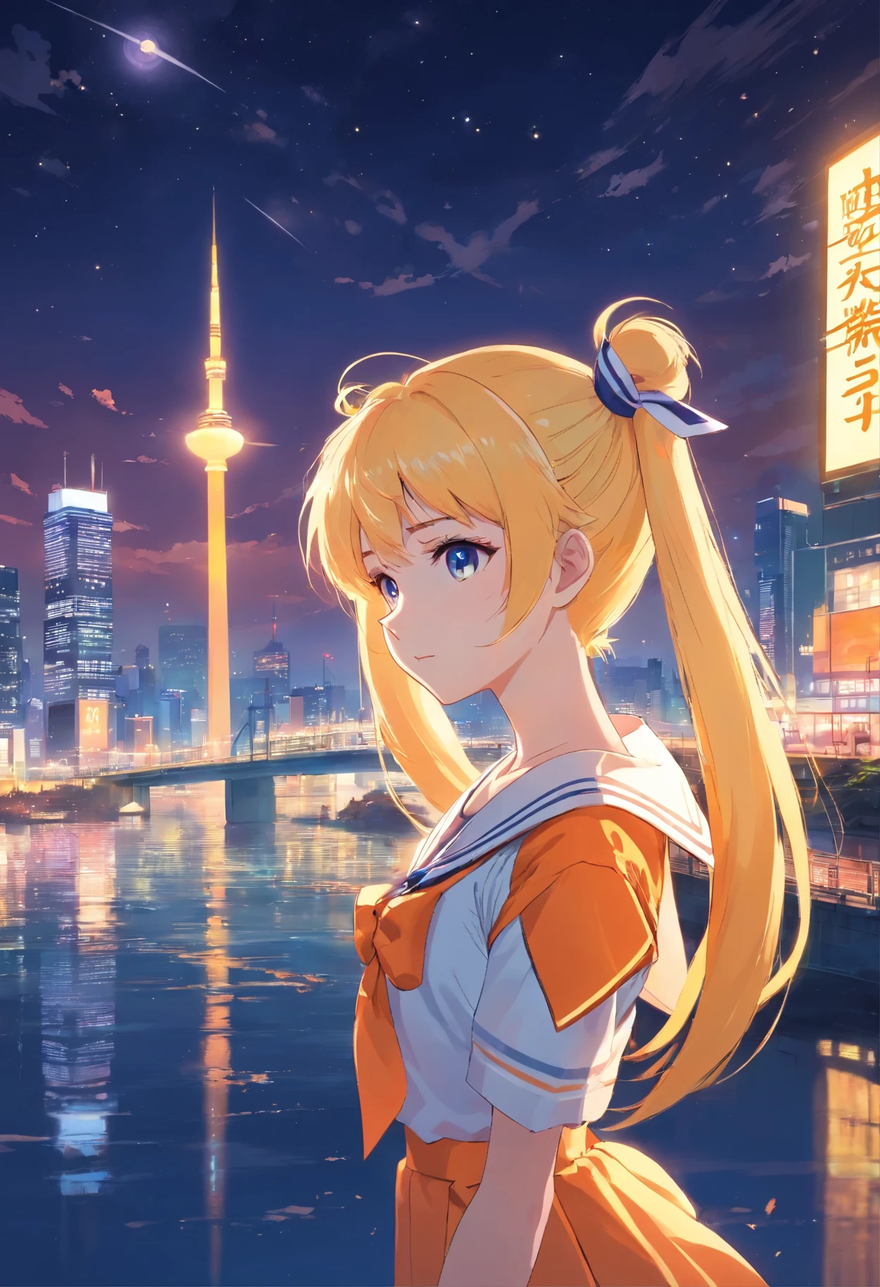 Sailor venus en la noche en Tokio viendo la luna