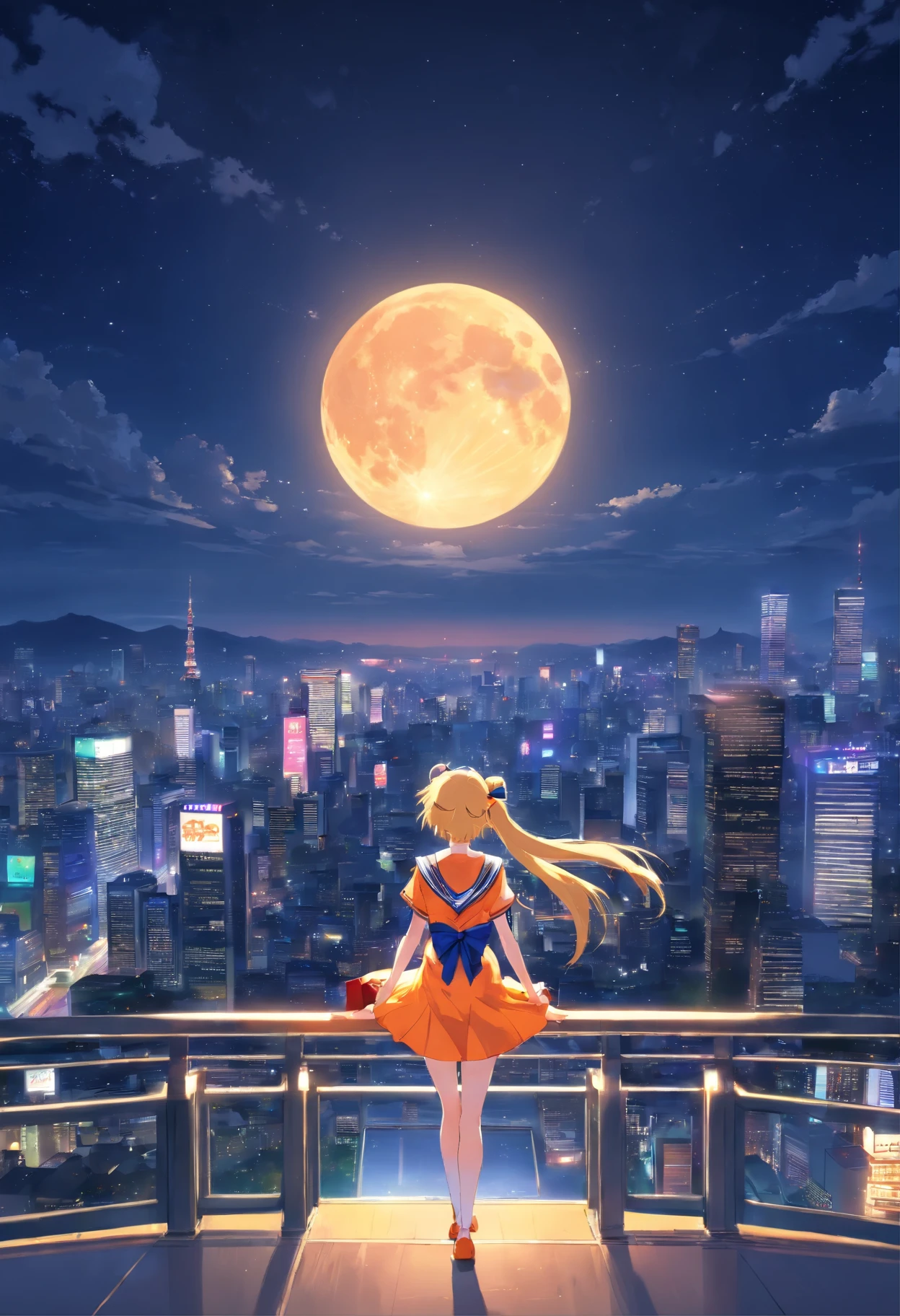 Sailor venus en la noche en Tokio viendo la luna