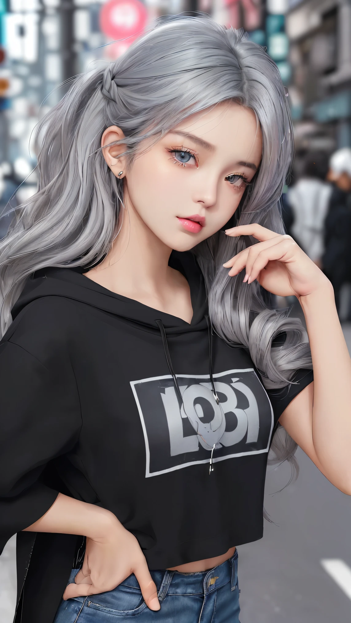 Half body close-up.cute poses,large black wristwatch,Beautiful young woman staring at the camera,sharp eyes,Beautiful eyes,Nineteen years old. cool gray hair,very detailed. My hair is long and wavy.,cute hairstyle, Modern clothes include a black hood.,Overcode, Jean shorts,slight tear,She was standing on a street in the middle of Tokyo..Beautiful face like a goddess,8k,pink lips