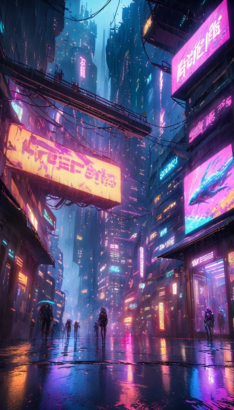 a futuristic cyberpunk city, neon lights, skyscrapers, rain, dark atmosphere, advanced technology, android, cyborg, gun violence, dystopian society, overpopulation, ocean, underwater city, bioluminescent sea creatures, cinematic lighting, moody colors, dramatic shadows, highly detailed, 8k, photorealistic, concept art style