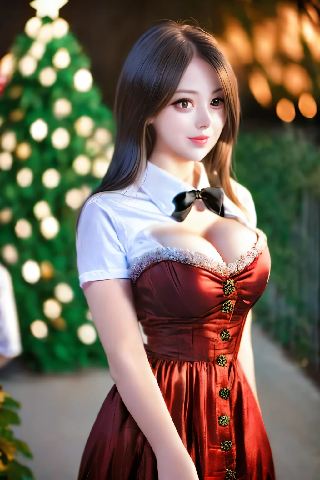 emmastone, black_hair, blurry, blurry_background, blurry_foreground, bokeh, breasts, brown_eyes, button_gap, buttons, christmas_tree, cleavage, collared_shirt, cosplay_photo, depth_of_field, large_breasts, lips,