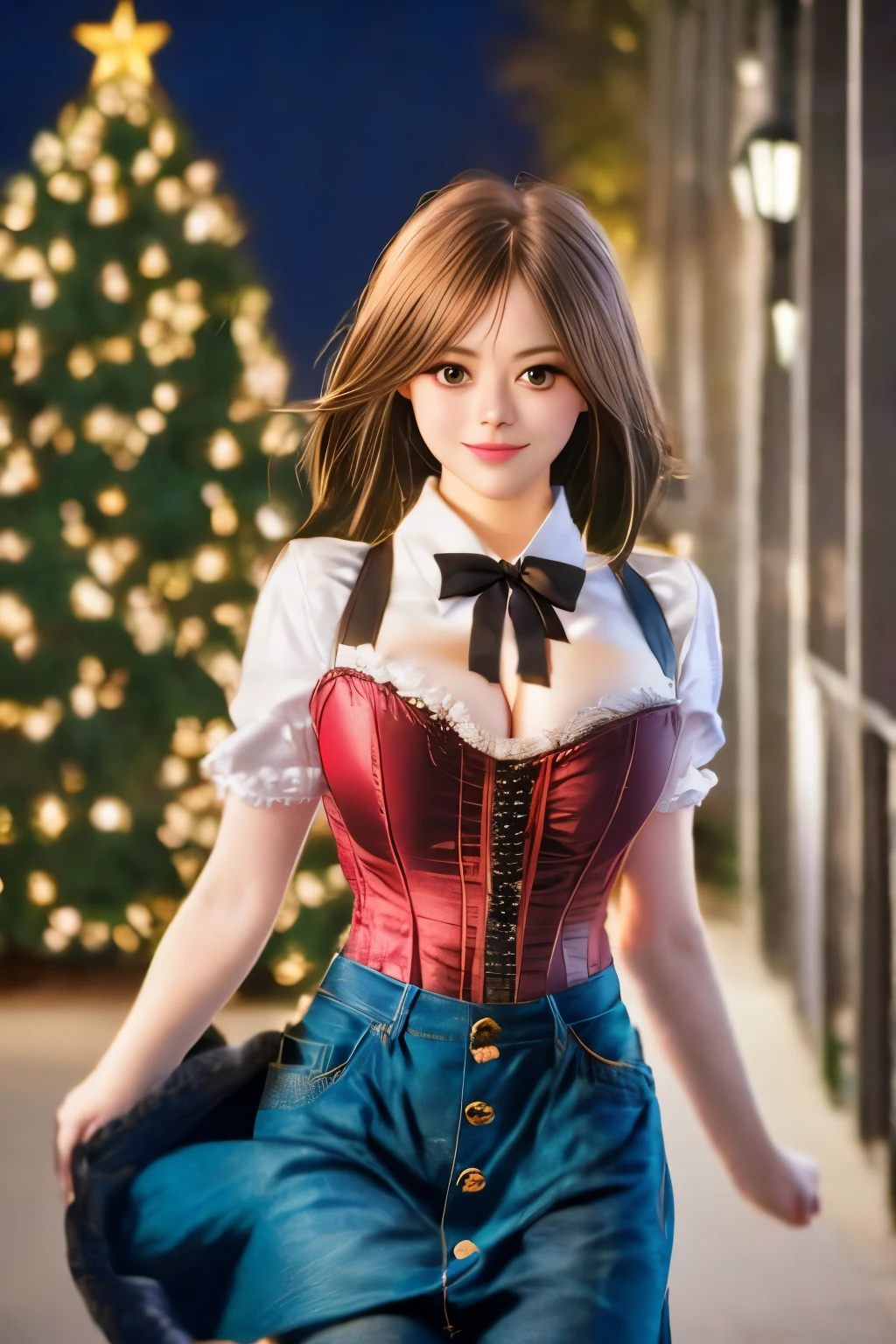 emmastone, black_hair, blurry, blurry_background, blurry_foreground, bokeh, breasts, brown_eyes, button_gap, buttons, christmas_tree, cleavage, collared_shirt, cosplay_photo, depth_of_field, large_breasts, lips,