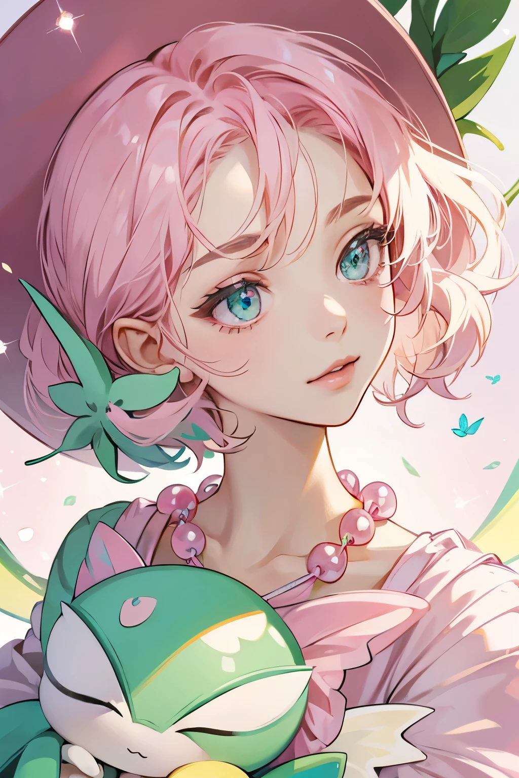 Celebi is wearing a pink butterfly-shaped hat over her face, pink pearl necklace. She has a pink lock of hair on her head, She has pale pink skin. Shine; Sparkling