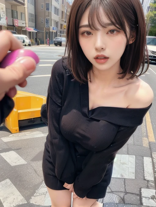masterpiece, remote_play, remote_shake, Open your mouth, Half open your eyes, Off-the-shoulder tight clothing, Exposed large breasts, Expressions of ecstasy、Black clothes