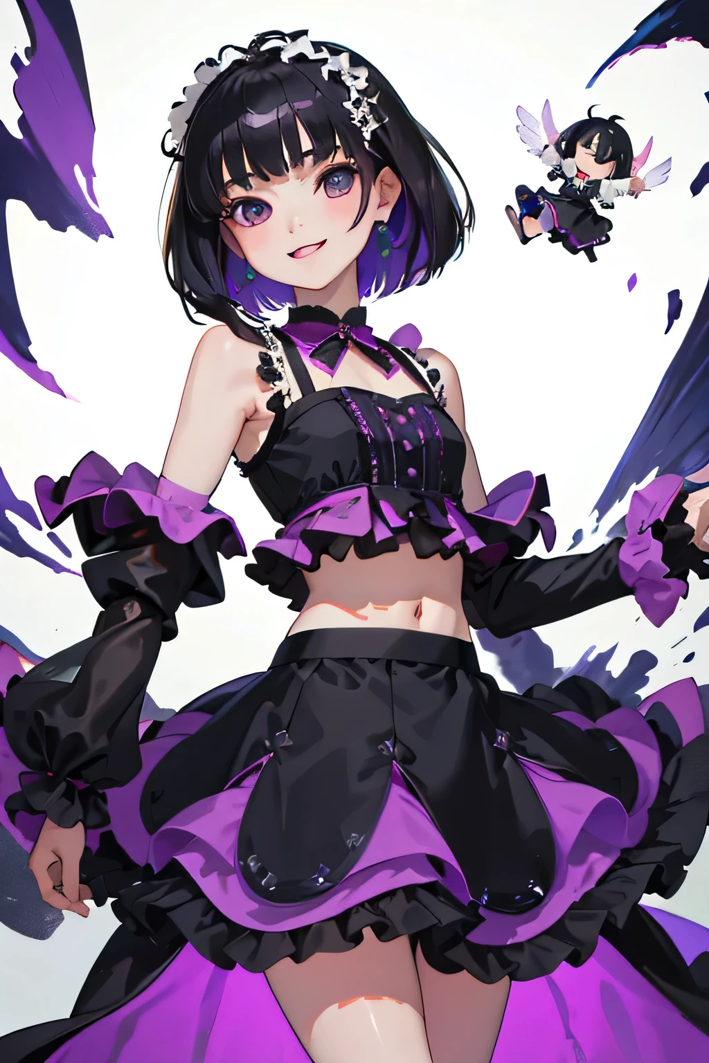 （masterpiece，highest quality），(child:1.3)，(Crop Top Look，Skirt)，Purple Lolita Clothes，(Black-haired，Short Bob)，smile，Delicate body， body，shoulder