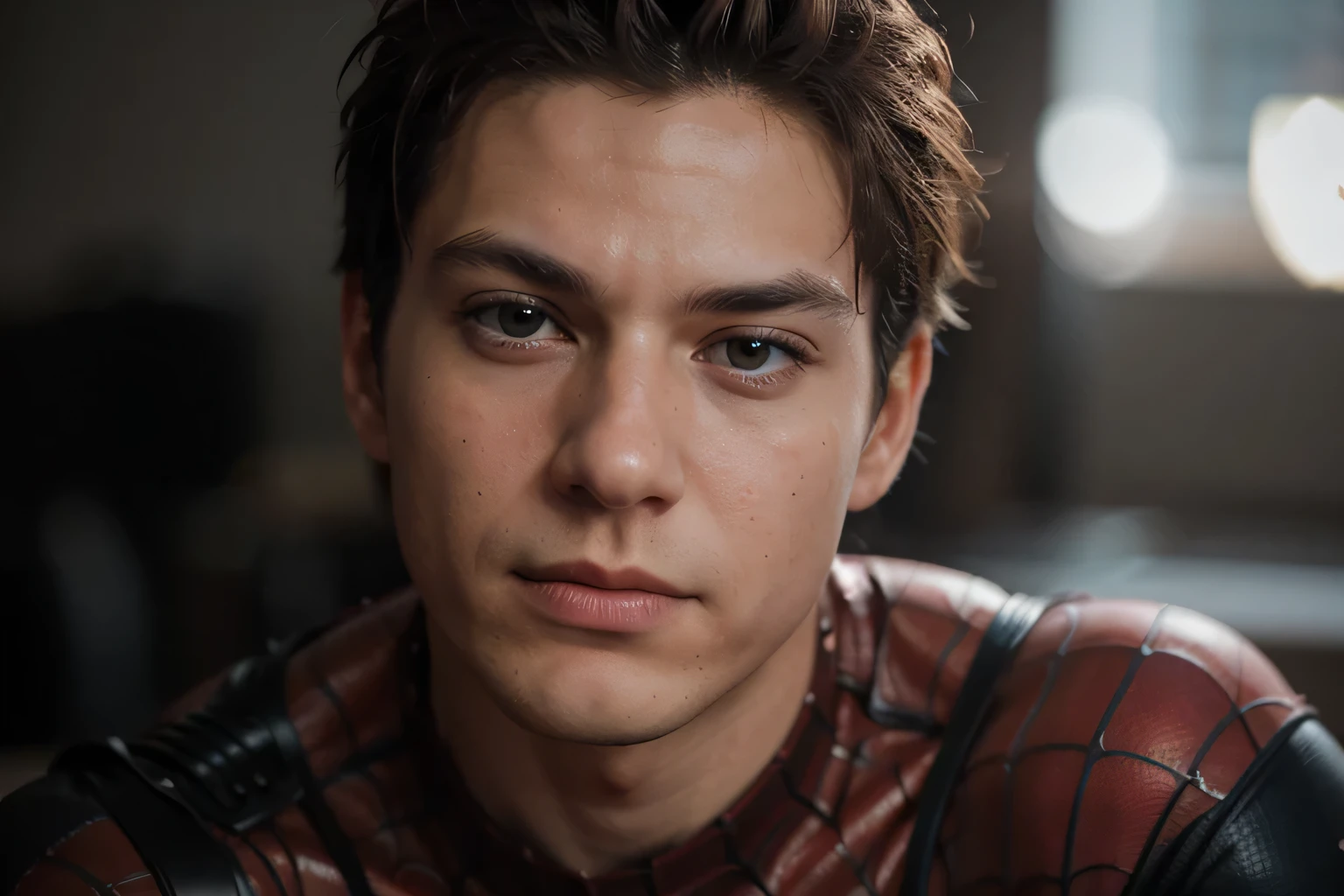A photograph of spider man, no mask, 20 yo, handsome, detailed face, looking at camera, portrait, 8k uhd, high quality