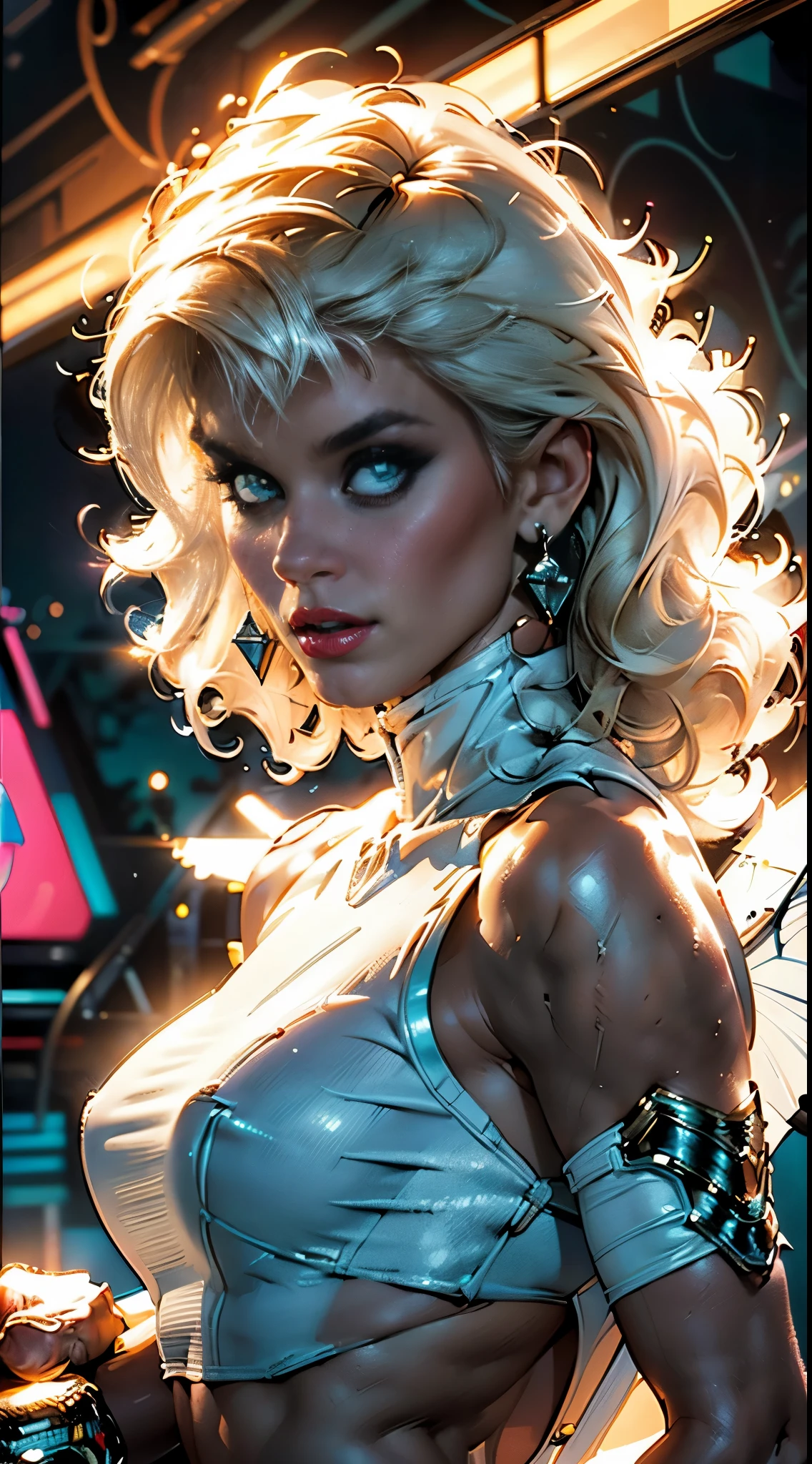 Ginger Lynn vestindo um traje espacial justo branco de seda com detalhes em renda branca, decotado, futurista cyberpunk, (((corpo inteiro))) no painel de quadrinhos, corpo todo, bold lineart illustration comics, olhos azuis sedutores, parted lips, Corpo perfeito, curved, Fitness, nsfw, ao estilo de Adam Hughes, (((obra prima))), (((adulto))) Explore retro-futuristic aesthetics, highlighting your confidence and skill. In the top of building, big city night