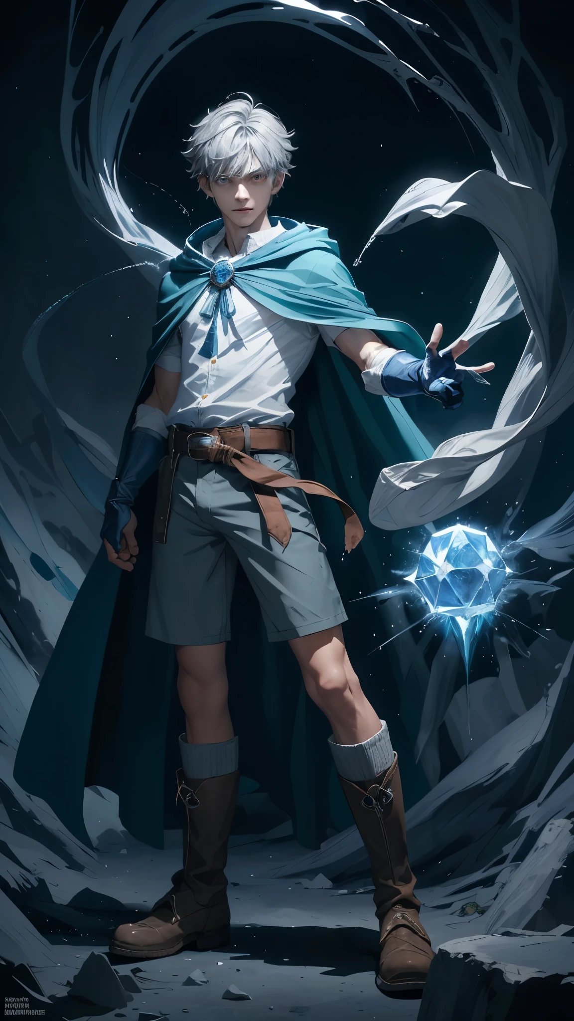 Design 1wizard man throwing a ice trick, 22 year old man with dark blue hood and cape.Light gray hair Gray eyes Wearing a white button-down shirt Wearing green shorts Wearing a brown belt Wearing short brown boots Wearing blue gloves on your hands. Crea un fondo de llamas ((mejorar rostro)) ((mejorae manos))