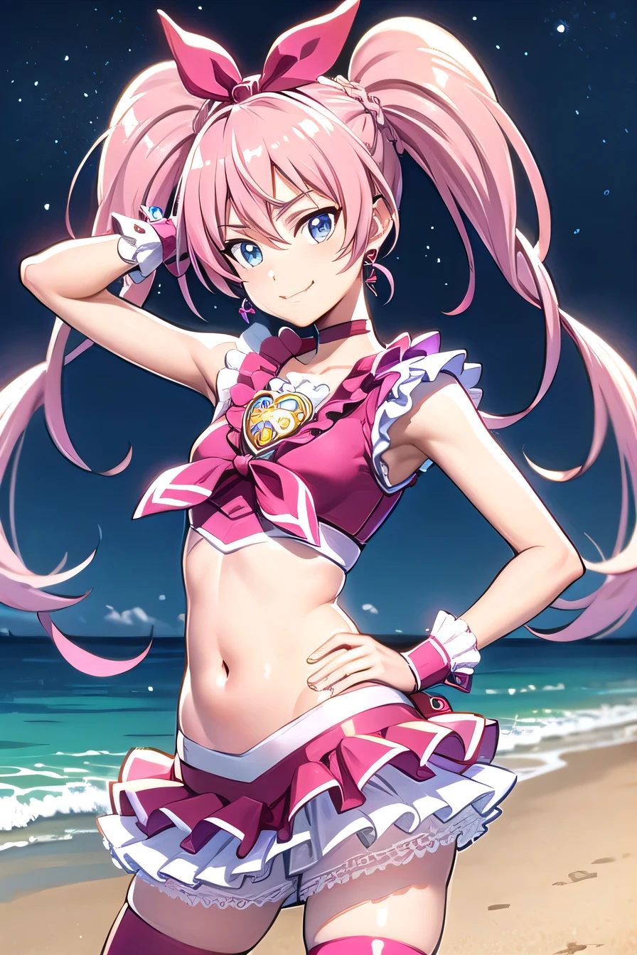 cure melody, navel, pink hair ribbon:1.2, hairband, pink thighhighs, pink shoes, wrist cuffs, twintails, gem, frills, anime coloring, best quality,  looking at viewer, solo, contrapposto, spread armpit, arm behind head, hand on hip, smile, looking at viewer, portrait, closed mouth, night sky, beach, upper body,