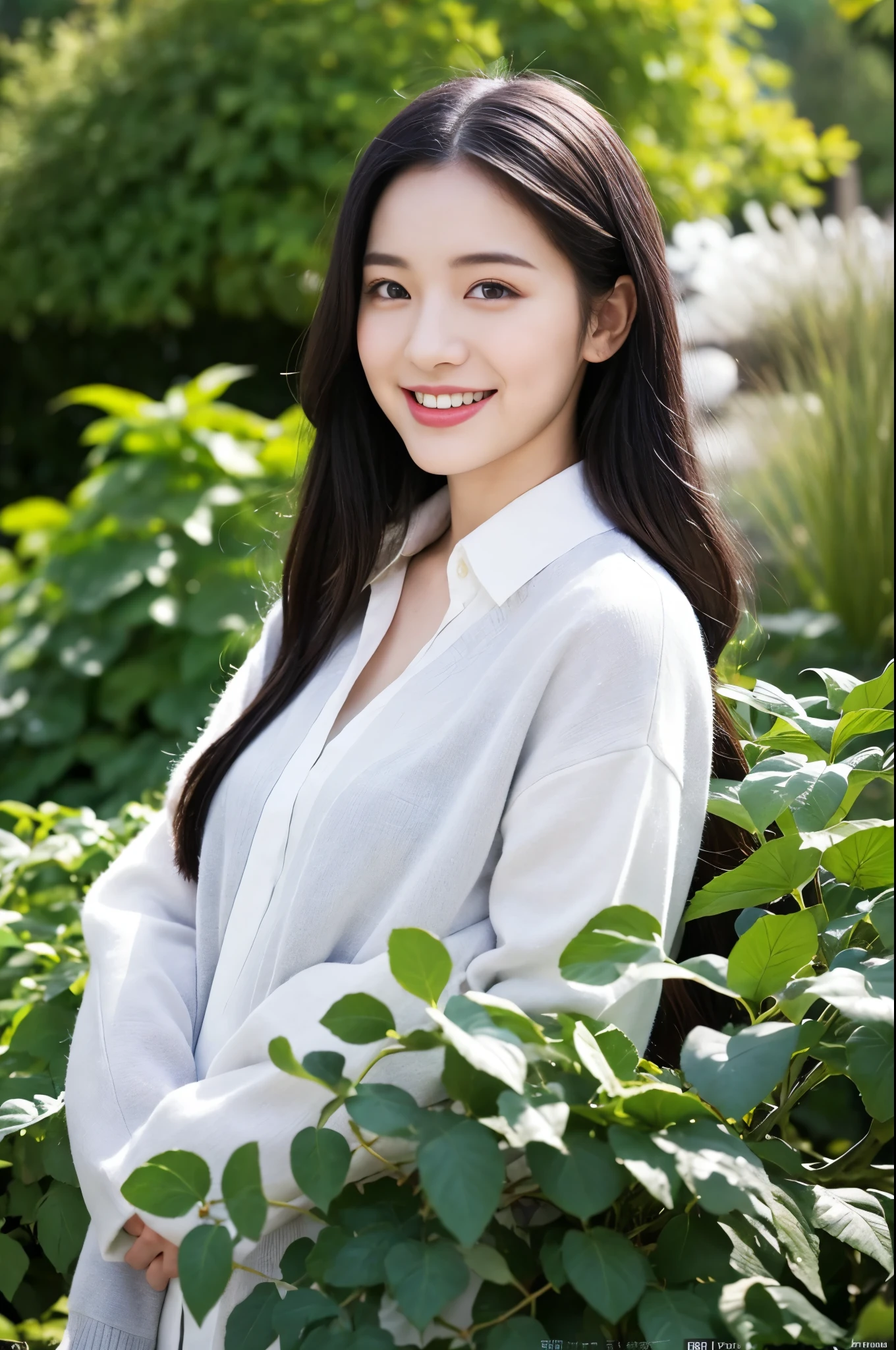 22 year old girl, with gray eyes, pale white skin, normal body, smiling, black hair, fashionable, photo taken with an ultra-realistic professional camera, very comfortable clothes, she is in the background of a secret garden